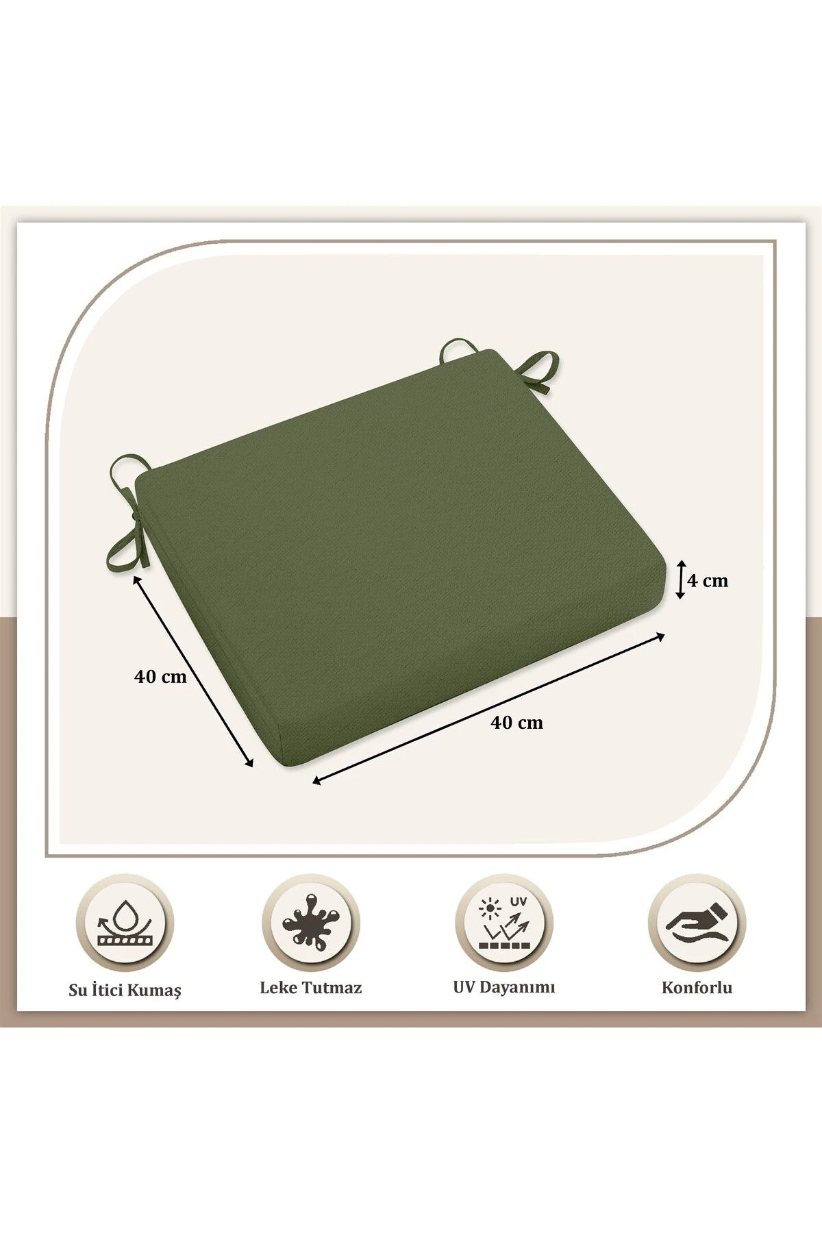 2'li Sıvı Geçirmez Leke Tutmaz Fermuarlı Bağcıklı Sandalye Minderi 40 x 40 cm