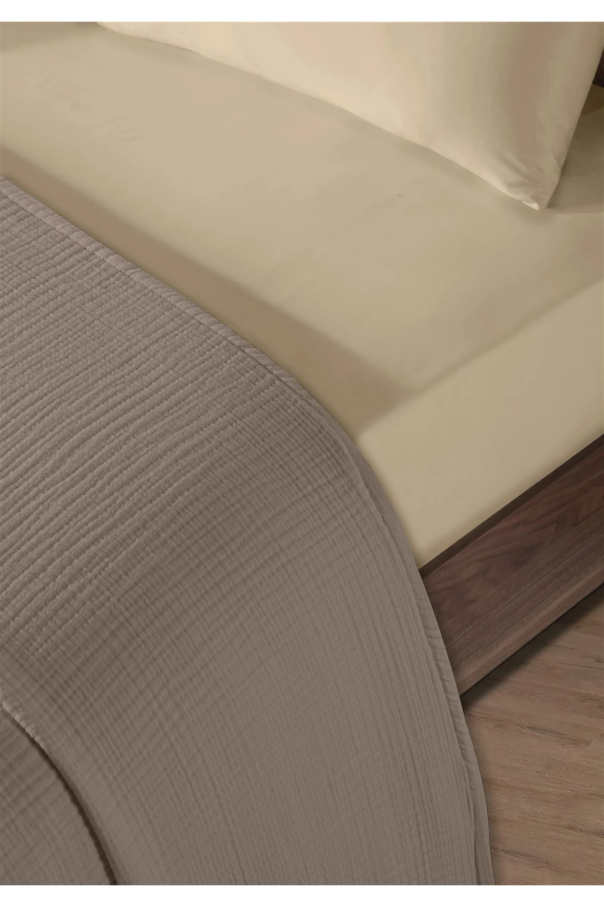 % 100 Doğal Pamuk 4 Kat Müslin Lüks Tek Kişilik Pike Takımı 160x230cm - koyu bej