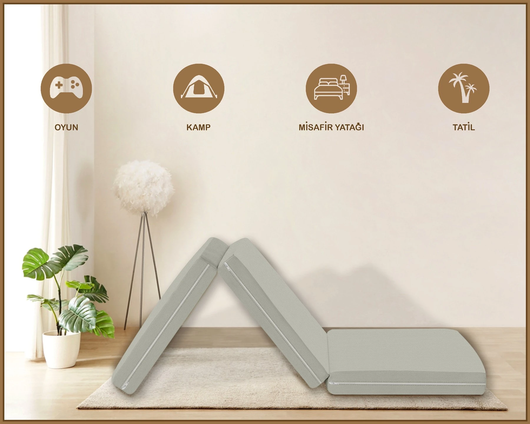 Canvas  Fermuarlı Katlanabilir Yer Yatağı Yer Minderi 60x180x6cm - Kaya Tuzu