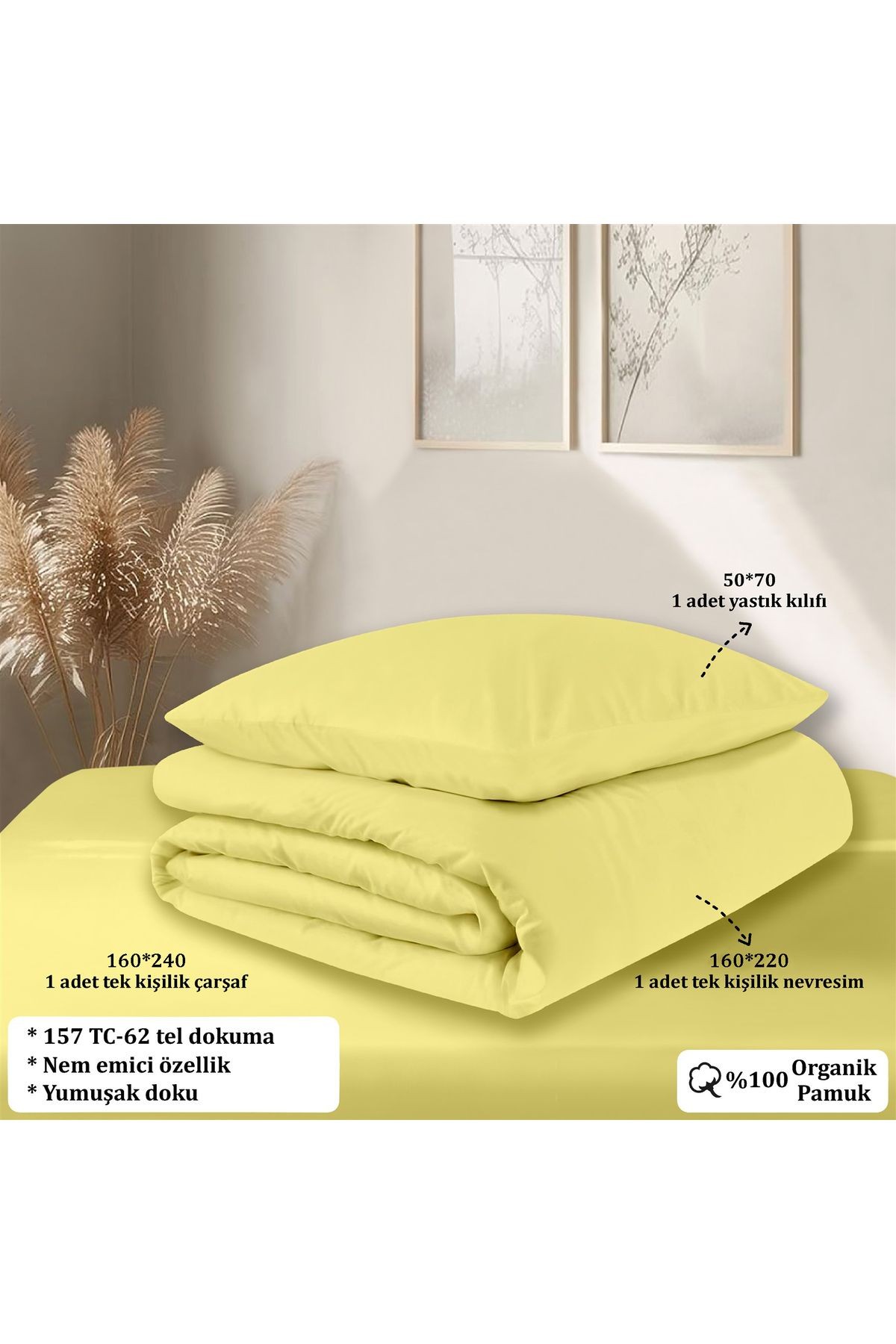Organik Pamuk Akfil Nevresim Takımı  Tek Kişilik 160x220 cm - Sarı