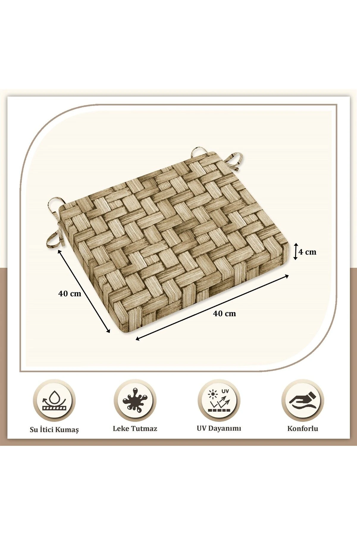 Canvas Tekli Wicker Sıvı Geçirmez Leke Tutmaz Fermuarlı Bağcıklı Sandalye Minderi 40 x 40 cm