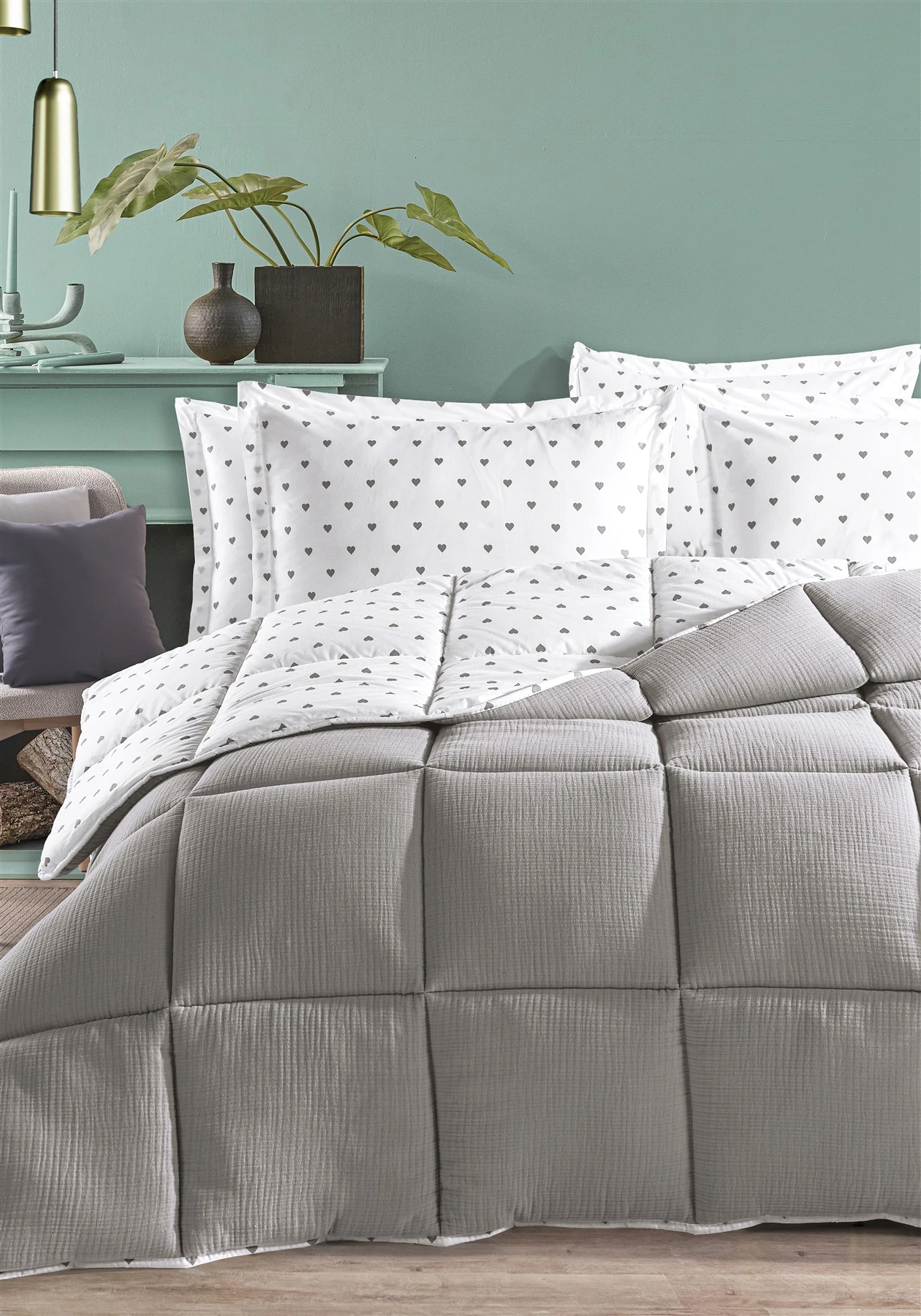 Lovely Timeless %100 Pamuk 4 Kat Müslin Comfort Uyku Seti Çift Kişilik 195x215 cm - Gri̇