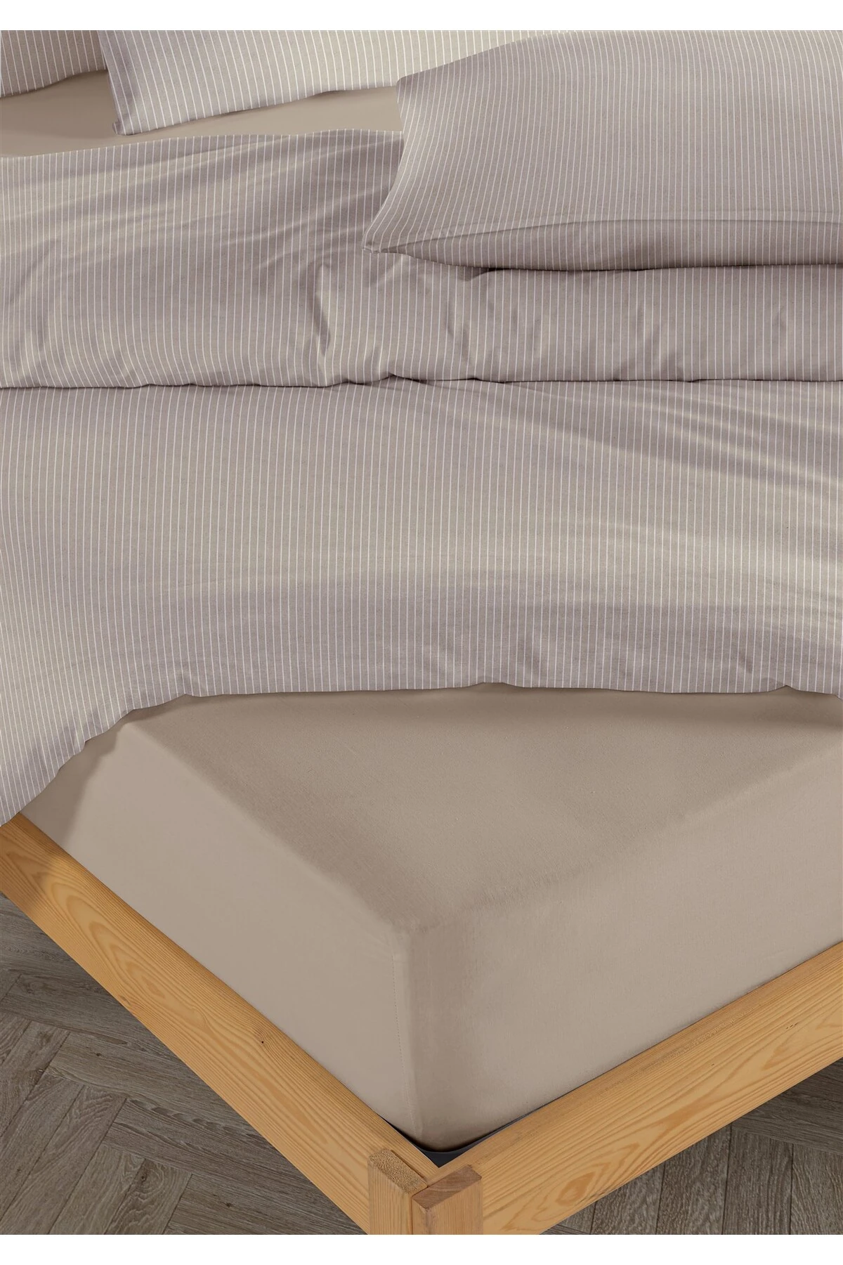 Line %100 Pamuk Ranforce Akay Ipliği Boyalı Nevresim Takımı Tek Kişilik - 160x220 cm - akay bej