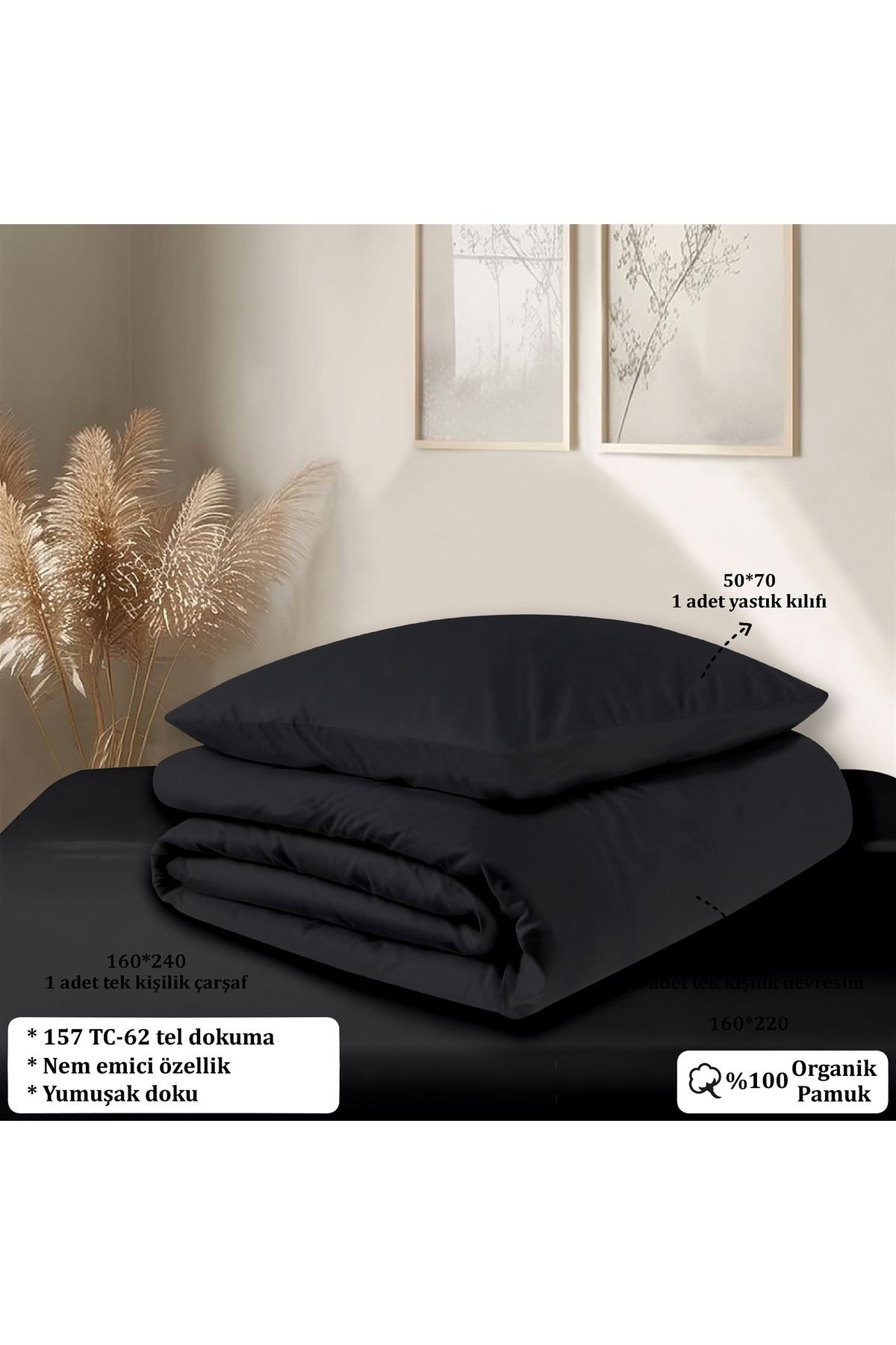 Organik Pamuk Akfil Nevresim Takımı  Tek Kişilik 160x220 cm - Si̇yah