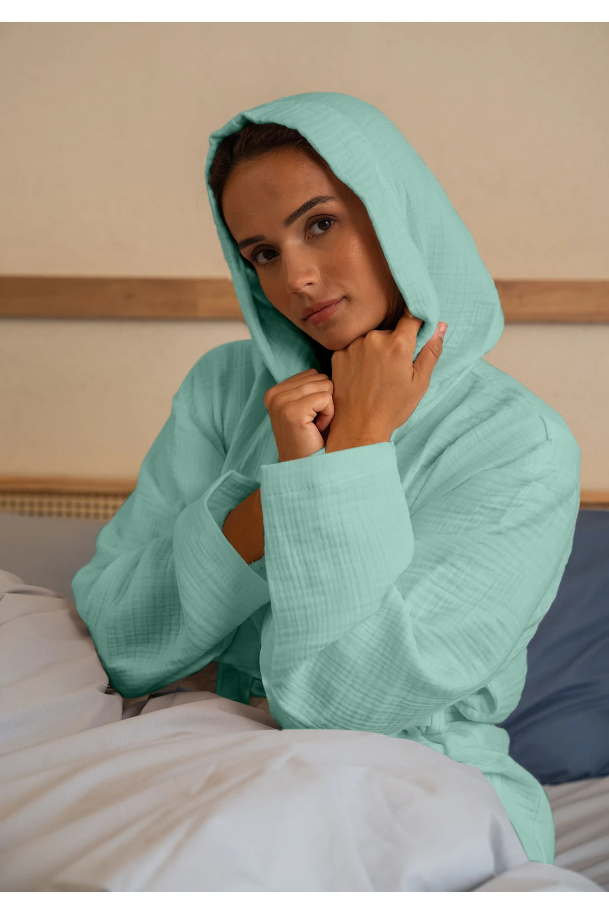 % 100 Pamuk 4 Kat Müslin Ünisex Kapşonlu Bornoz S/M - Mi̇nt