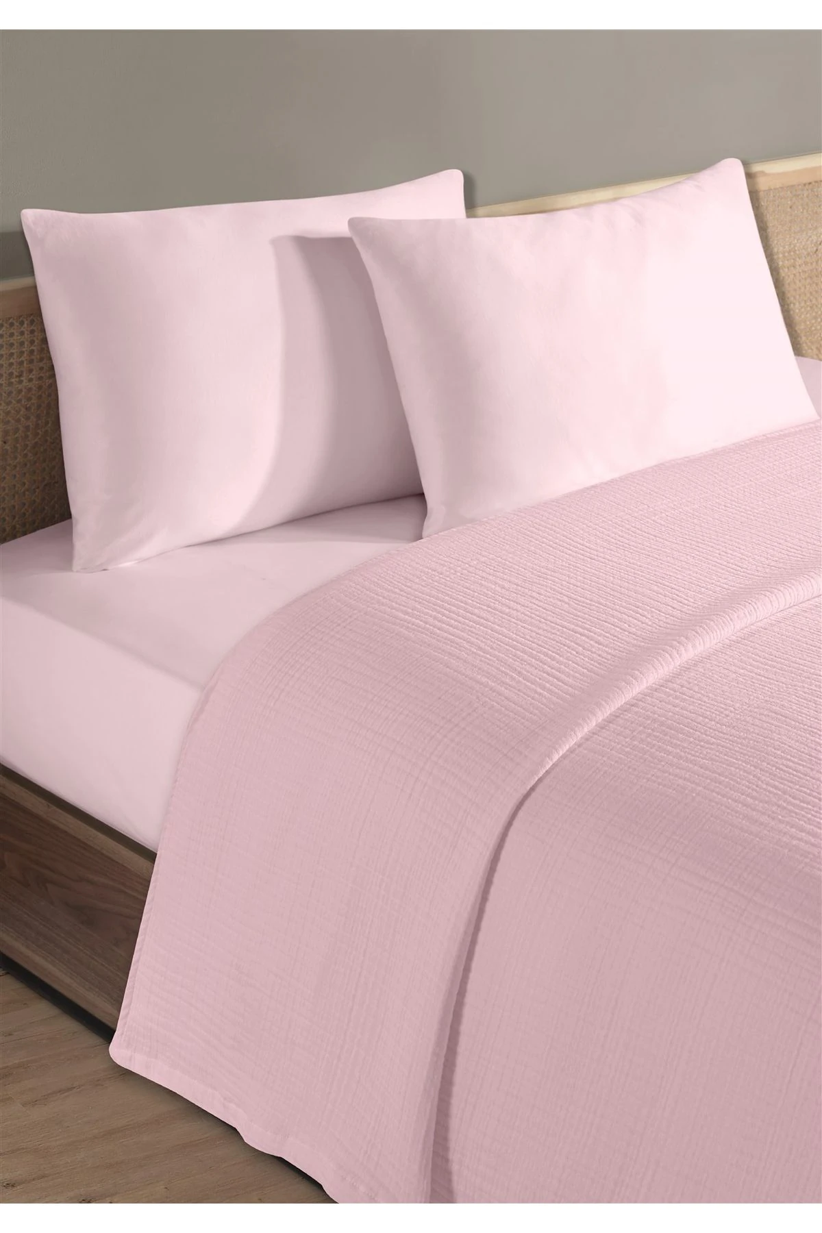 % 100 Doğal Pamuk 4 Kat Müslin Lüks Tek Kişilik Pike Takımı 160x230cm - Pembe