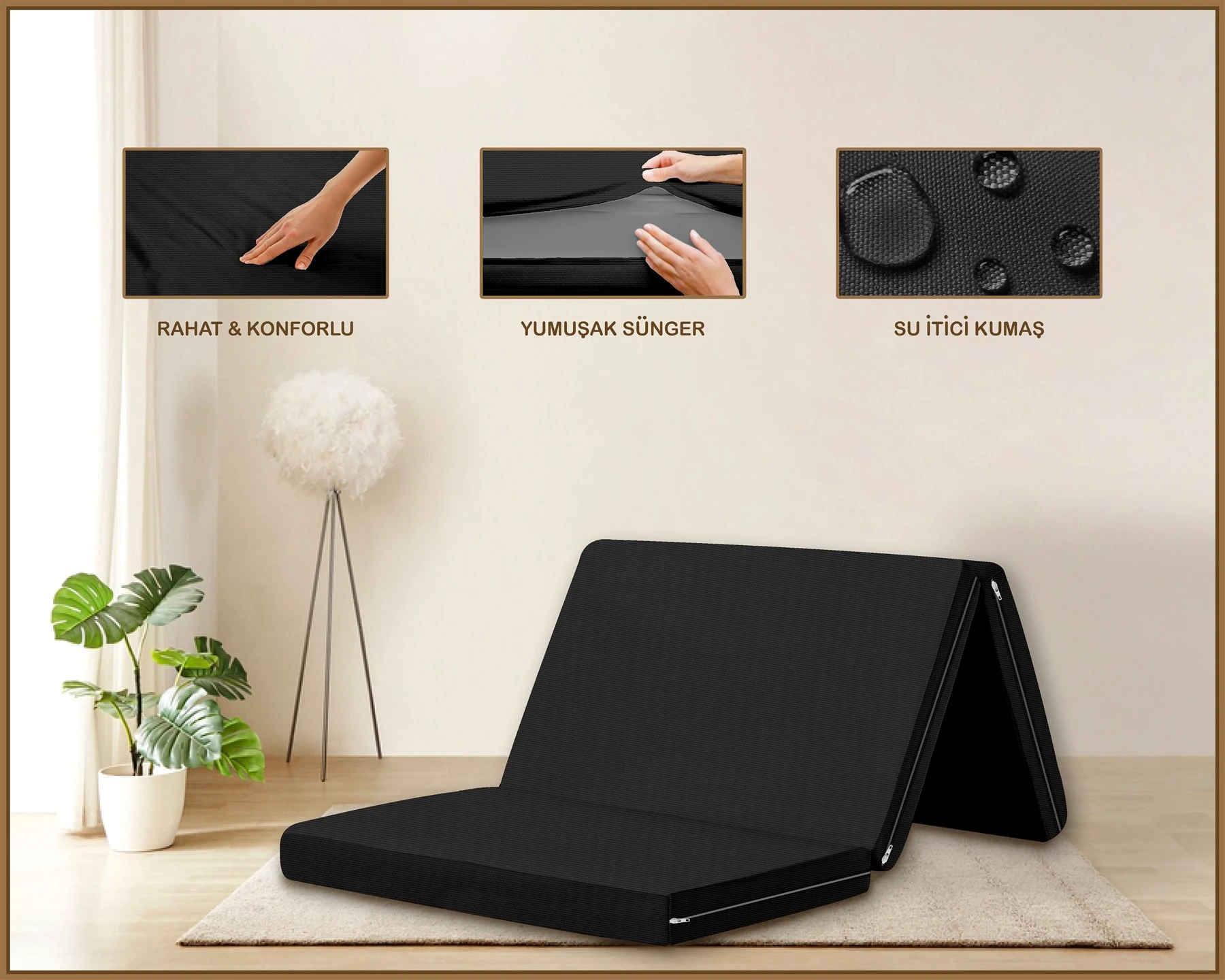 Canvas  Fermuarlı Katlanabilir Yer Yatağı Yer Minderi 60x180x6cm - Si̇yah