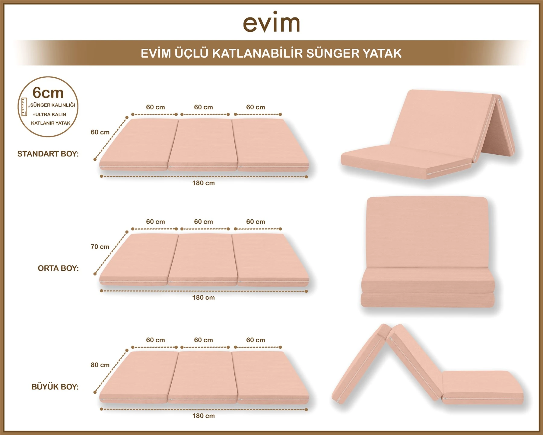 Canvas  Fermuarlı Katlanabilir Yer Yatağı Yer Minderi 60x180x6cm - Açik Pembe