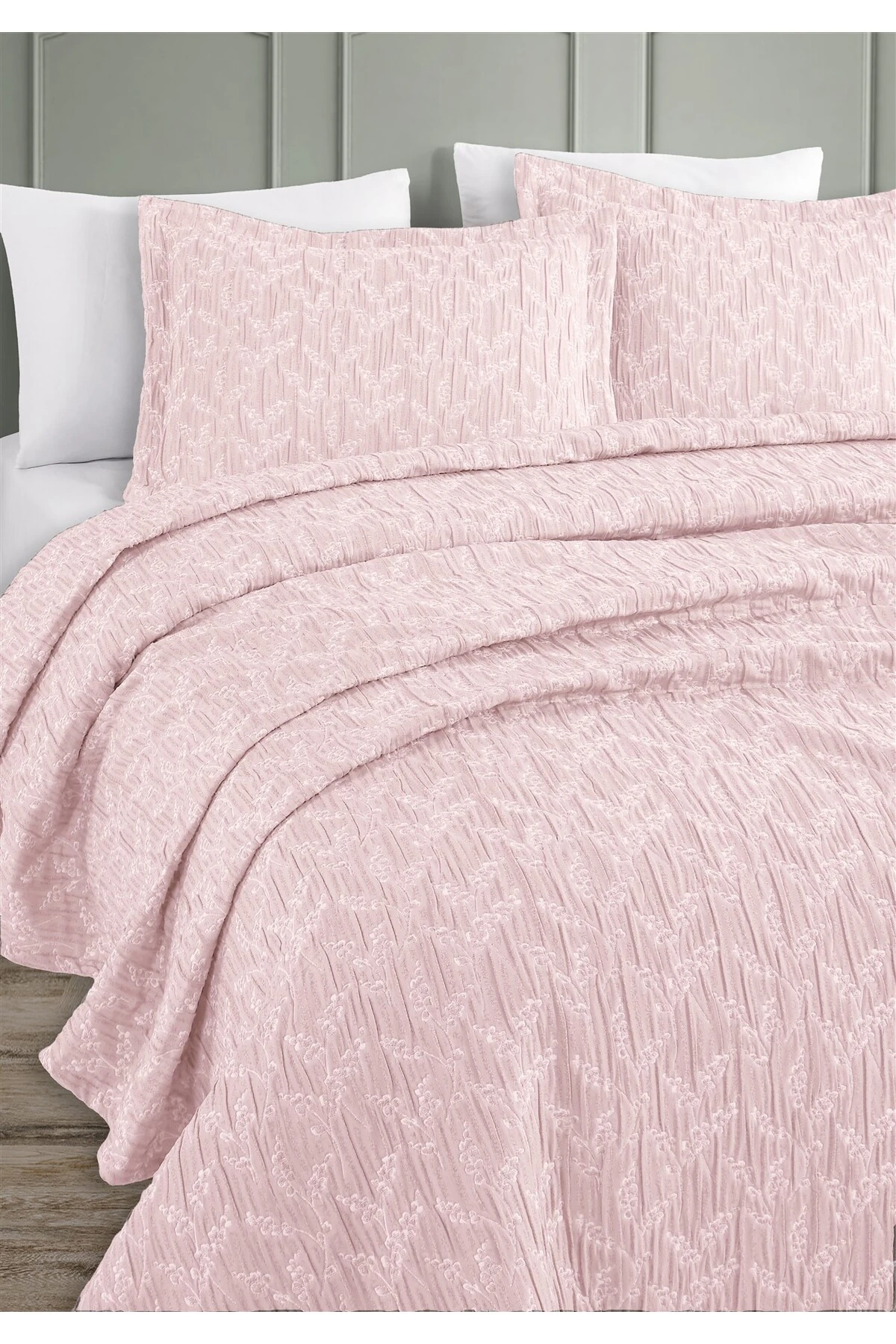 Dolgulu Jakarlı Yatak Örtüsü Seti Çift Kişilik Bej 230x240 cm - fayne pudra