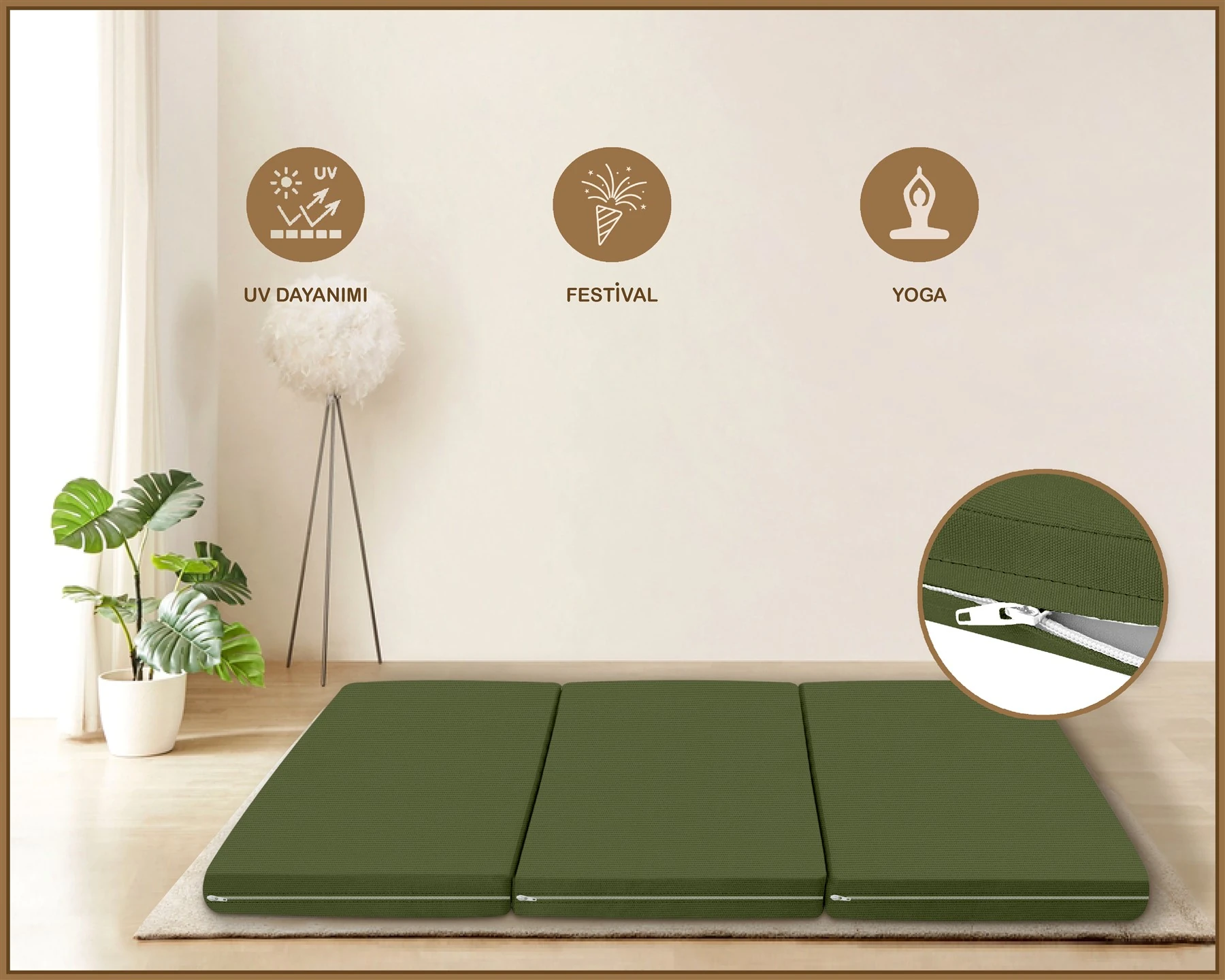 Canvas  Fermuarlı Katlanabilir Yer Yatağı Yer Minderi 60x180x6cm - Koyu Haki̇