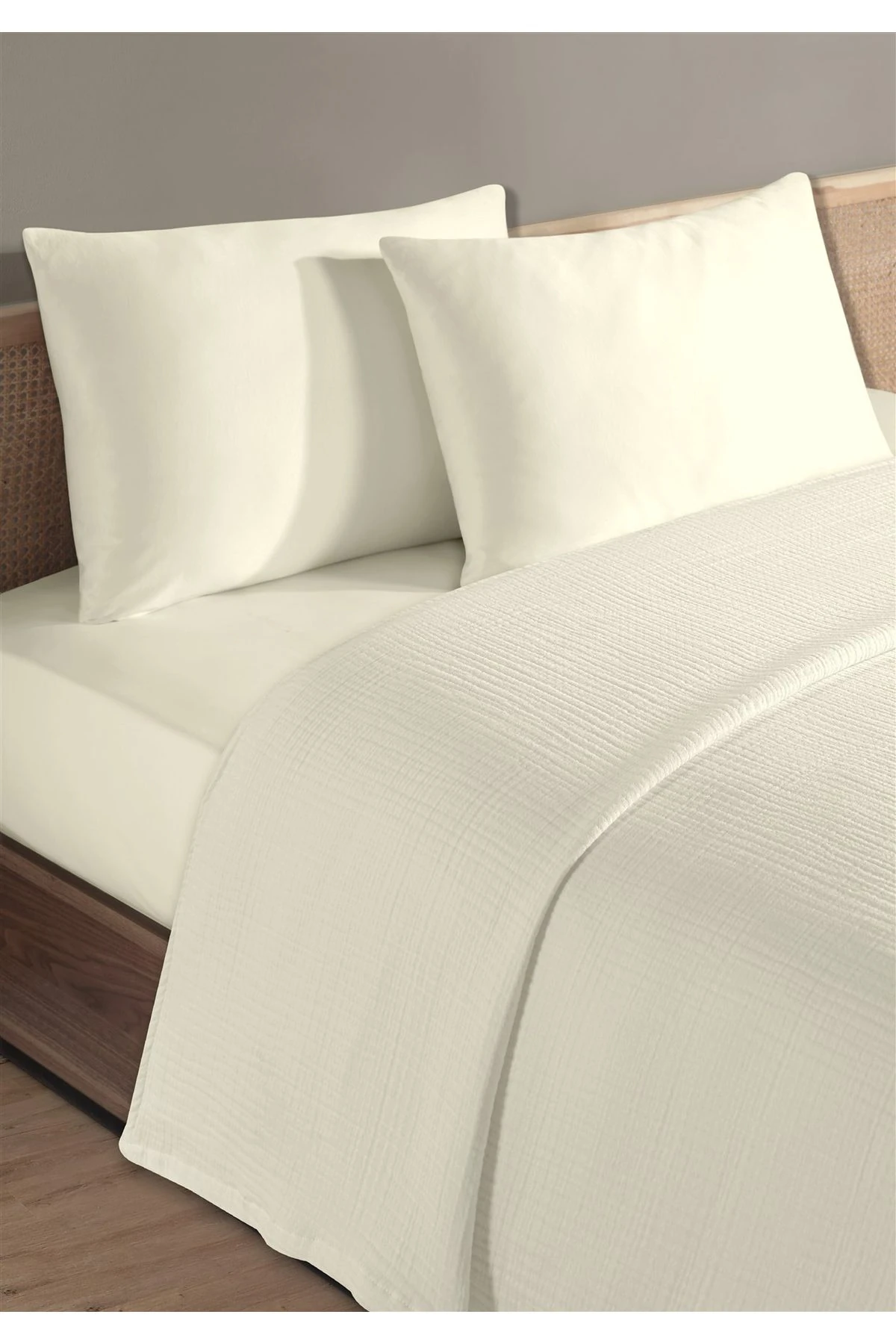 % 100 Doğal Pamuk 4 Kat Müslin Lüks Tek Kişilik Pike Takımı 160x230cm - Ekru