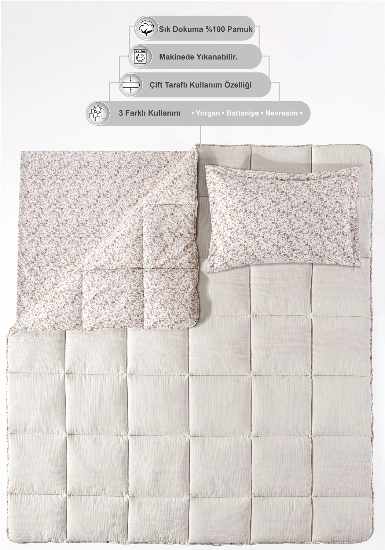 Andy Timeless %100 Pamuk 4 Kat Müslin Comfort Uyku Seti Tek Kişilik 155x215 cm - Ekru