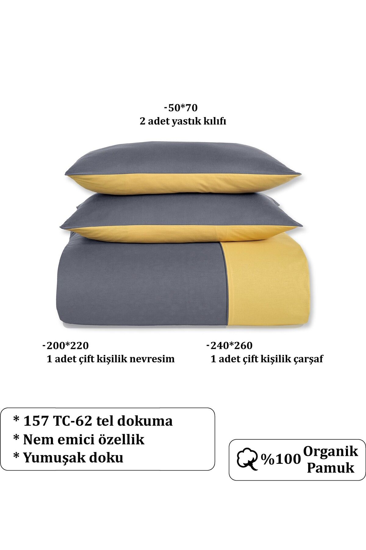 Organik Pamuk Akfil Çift Taraflı Nevresim Takımı Çift Kişilik 200x220 cm