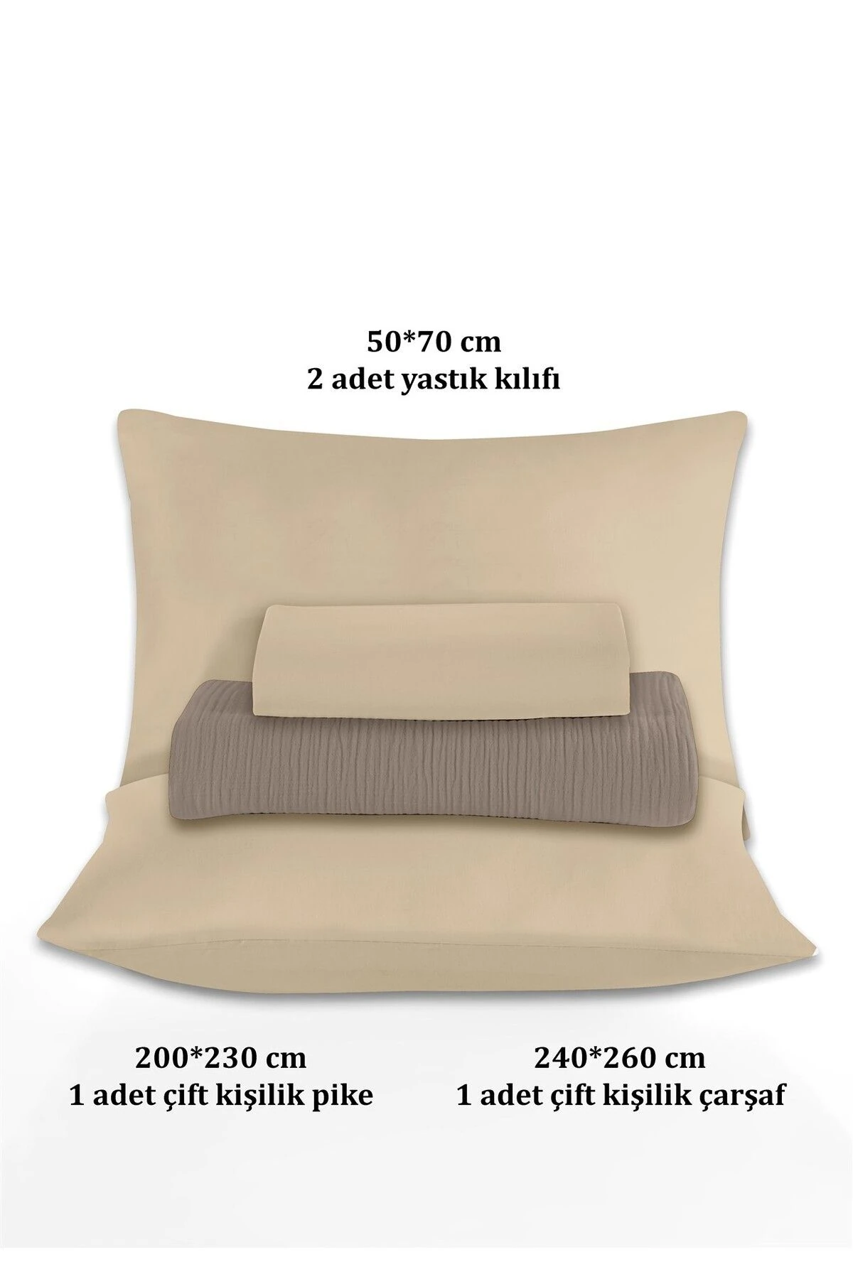 % 100 Doğal Pamuk 4 Kat Müslin Lüks Çift Kişilik Pike Takımı  200x230cm - koyu bej