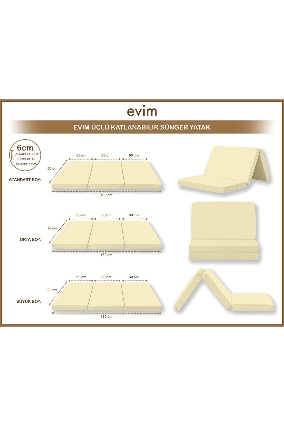Canvas Ekru Fermuarlı Katlanabilir Yer Yatağı Yer Minderi 6cm