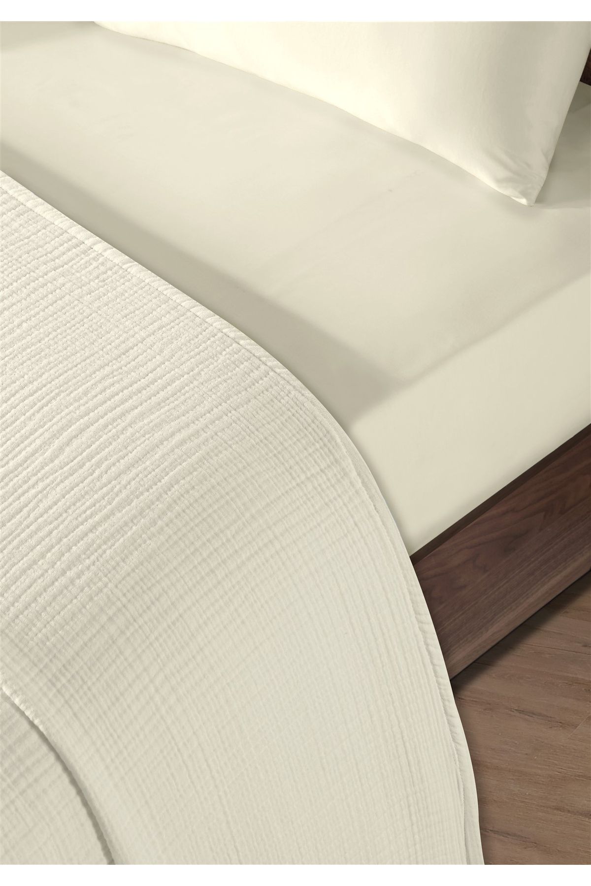 % 100 Doğal Pamuk 4 Kat Müslin Lüks Çift Kişilik Pike Takımı  200x230cm - Ekru