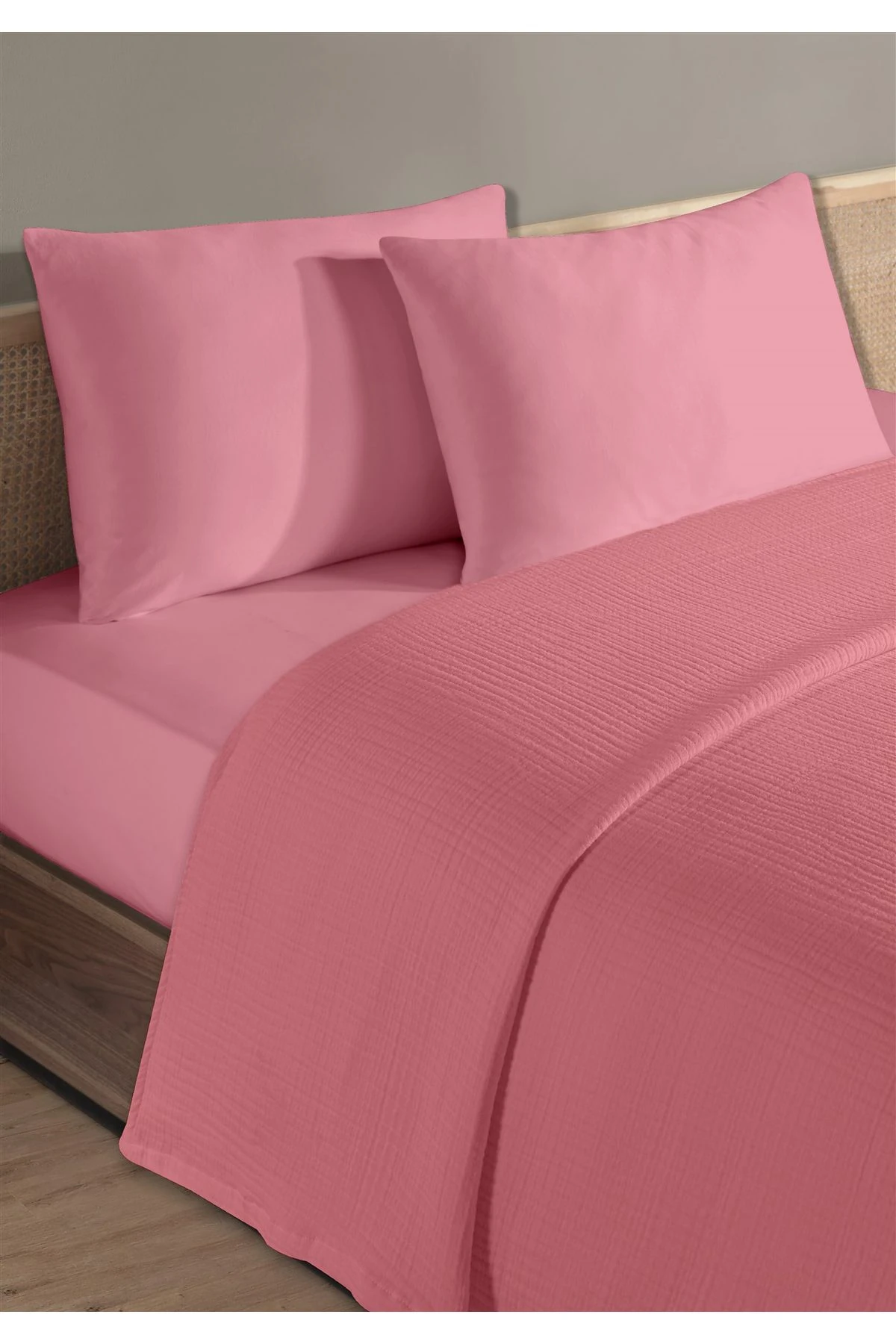 % 100 Doğal Pamuk 4 Kat Müslin Lüks Tek Kişilik Pike Takımı 160x230cm - koyu pembe