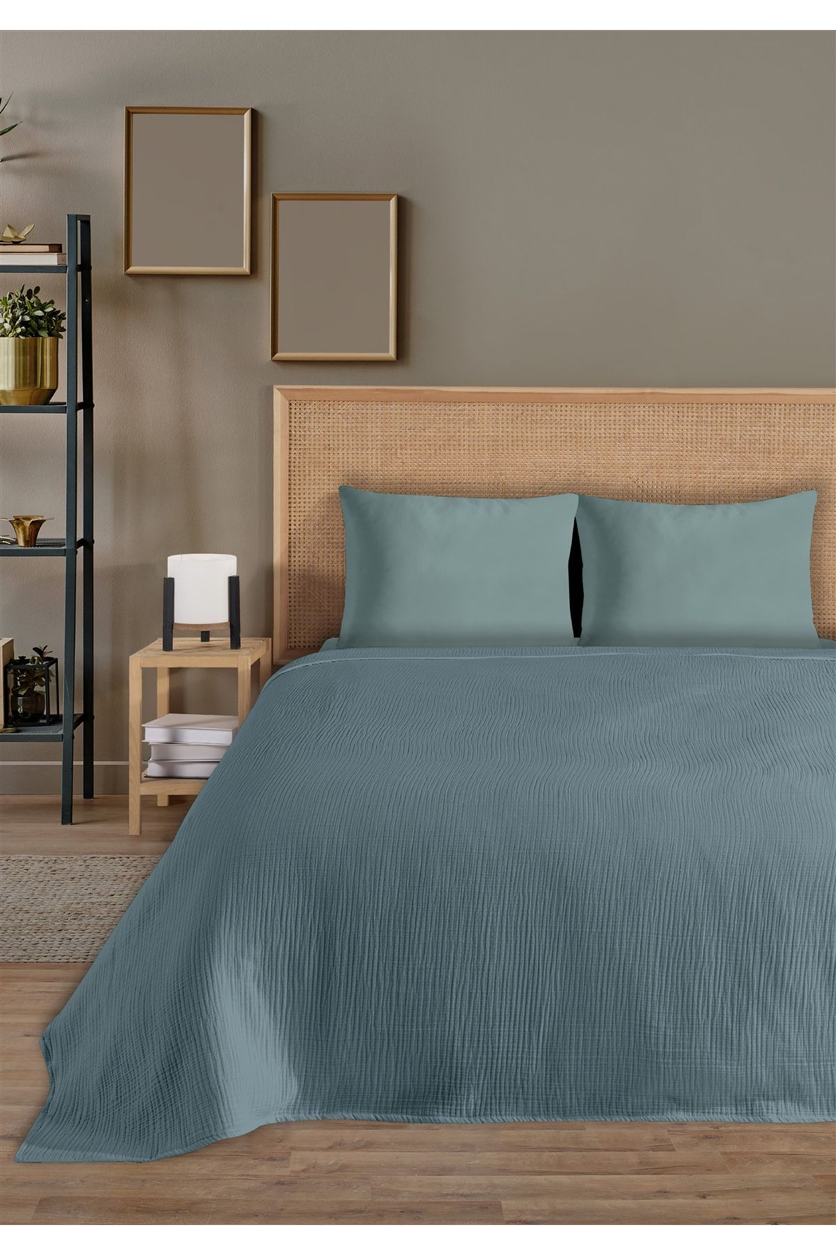 % 100 Doğal Pamuk 4 Kat Müslin Lüks Çift Kişilik Pike Takımı  200x230cm - Petrol