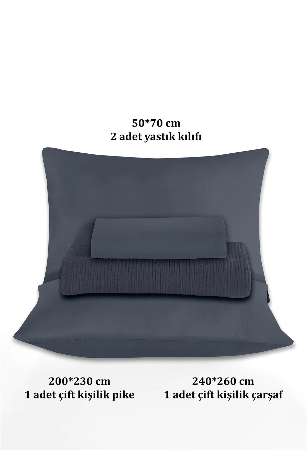 % 100 Doğal Pamuk 4 Kat Müslin Lüks Çift Kişilik Pike Takımı  200x230cm - Laci̇vert