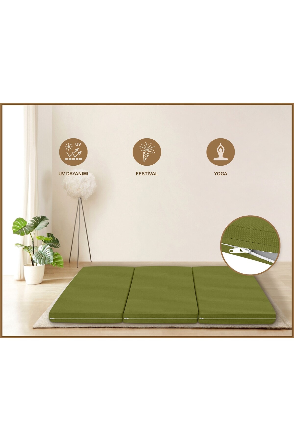 Canvas Açık Bej Fermuarlı Katlanabilir Yer Yatağı Yer Minderi 6cm