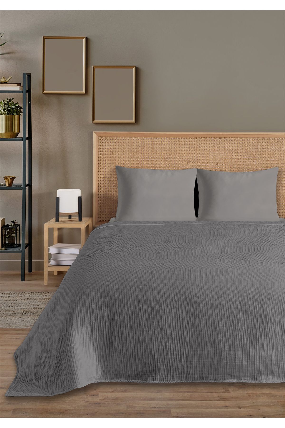 % 100 Doğal Pamuk 4 Kat Müslin Lüks Çift Kişilik Pike Takımı  200x230cm - Koyu Gri̇