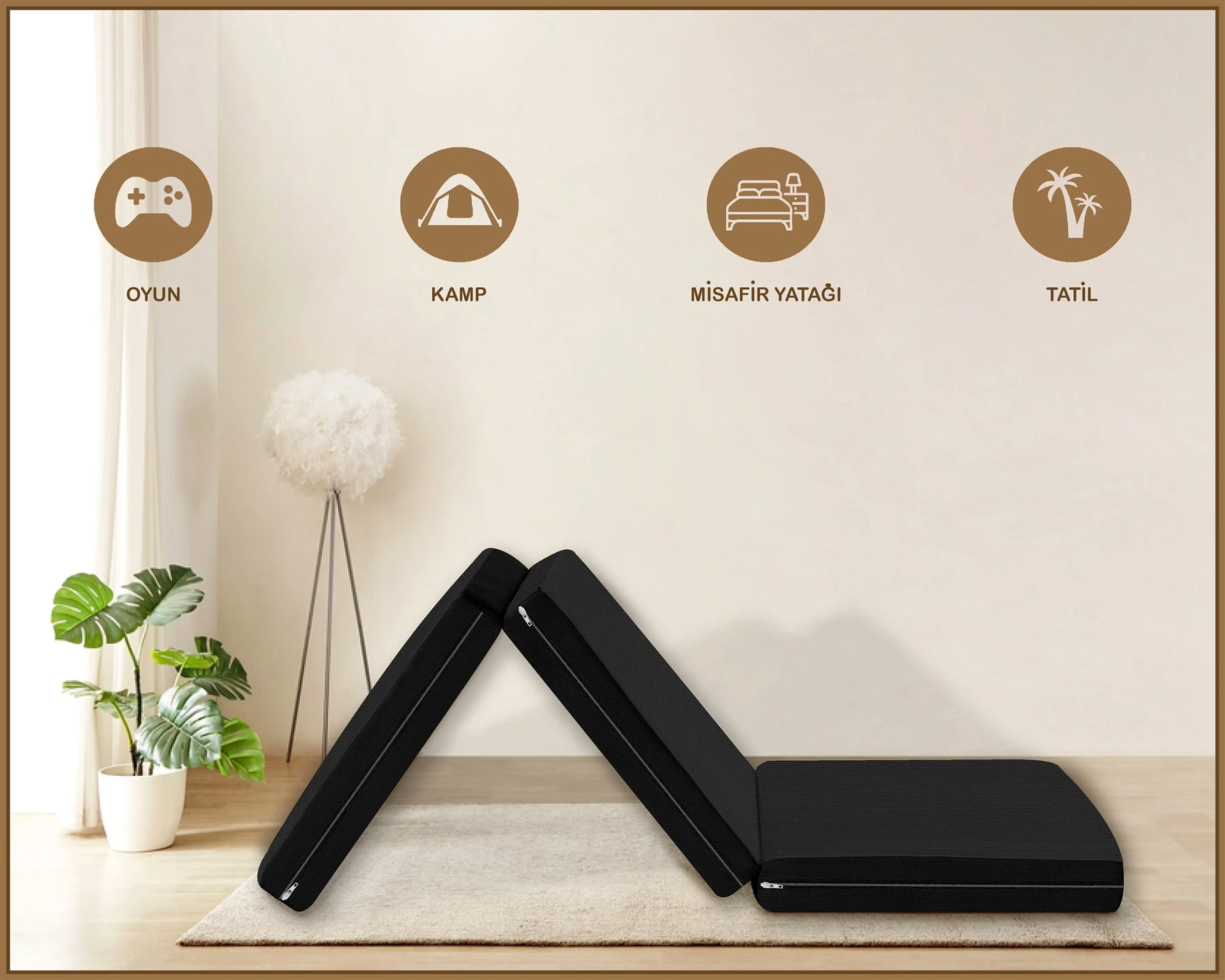 Canvas  Fermuarlı Katlanabilir Yer Yatağı Yer Minderi 60x180x6cm - Si̇yah