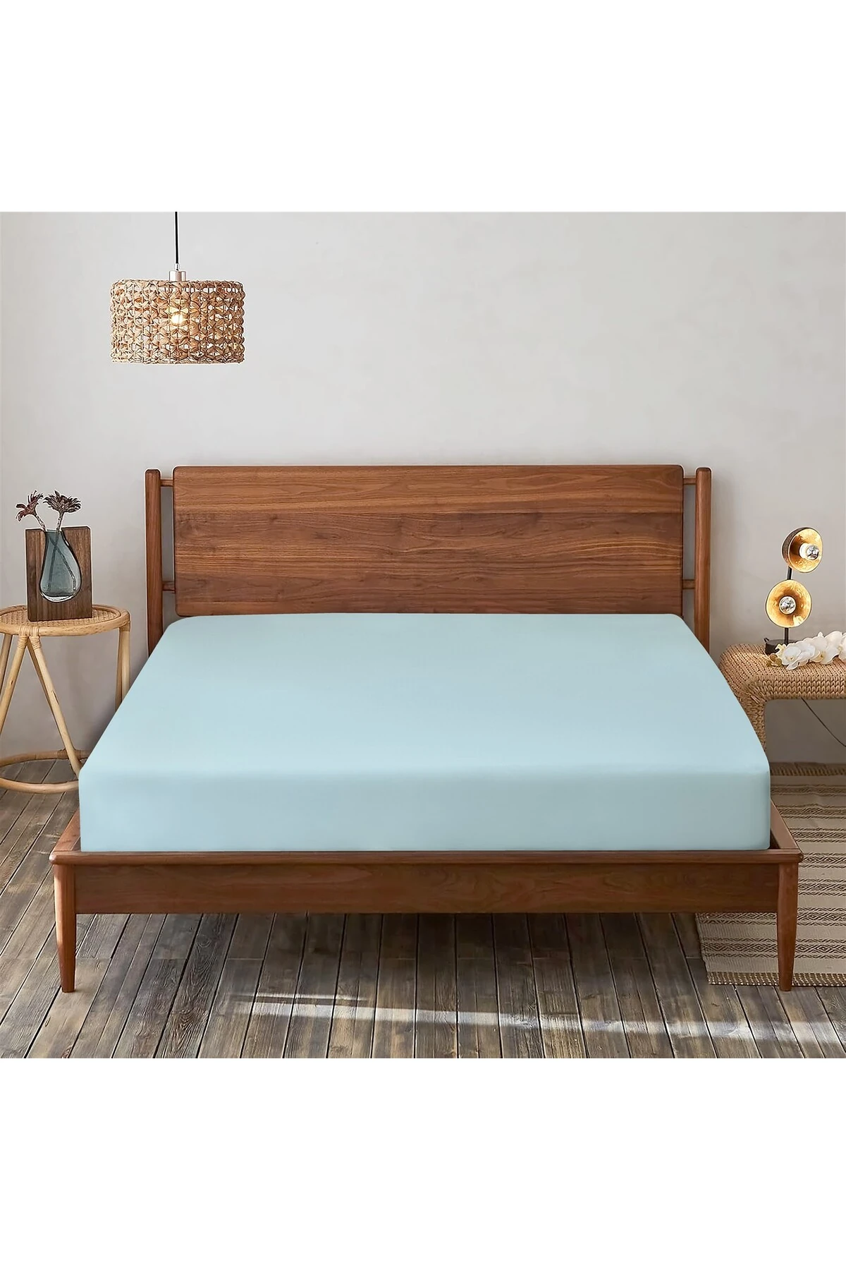 %100 Pamuk Bambu Lastikli Çarşaf - Açik Mavi̇