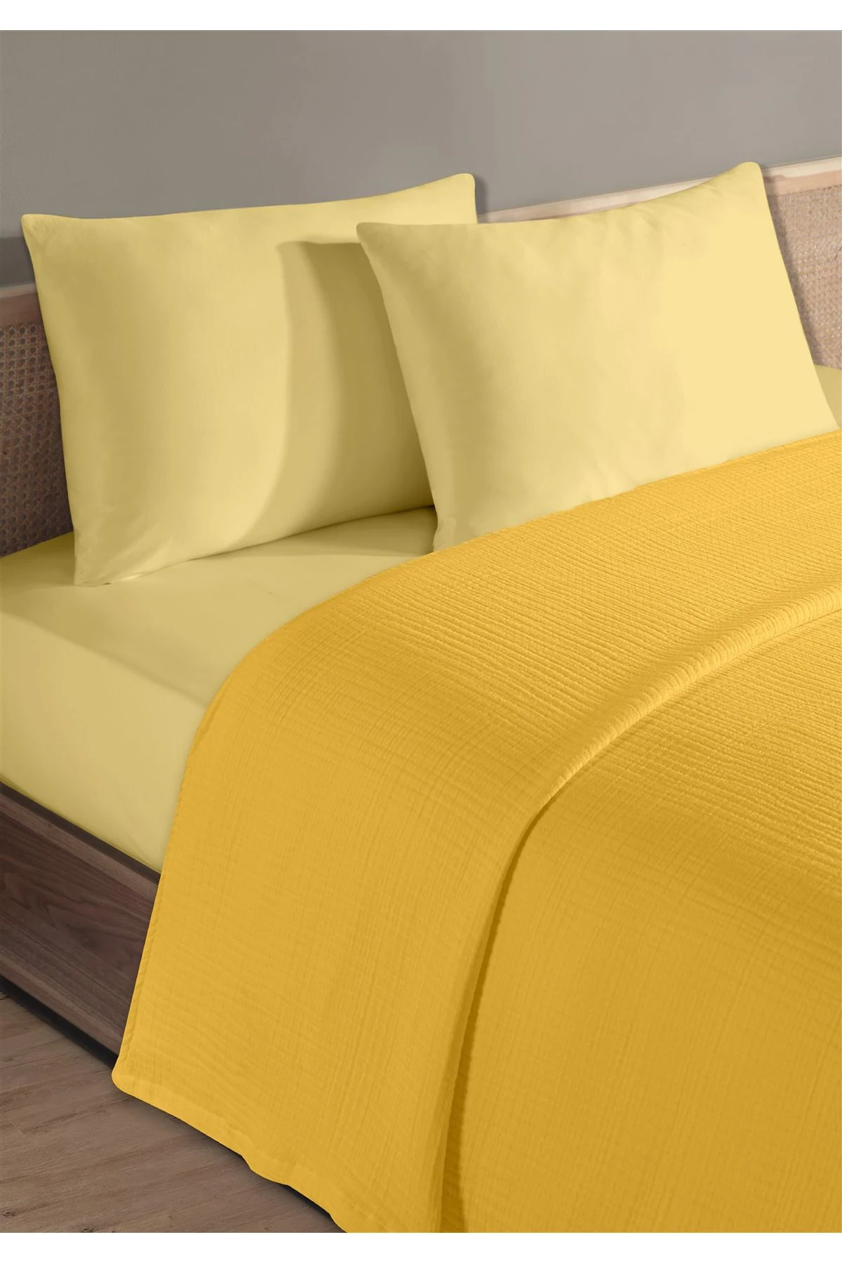 % 100 Doğal Pamuk 4 Kat Müslin Lüks Tek Kişilik Pike Takımı 160x230cm - sari