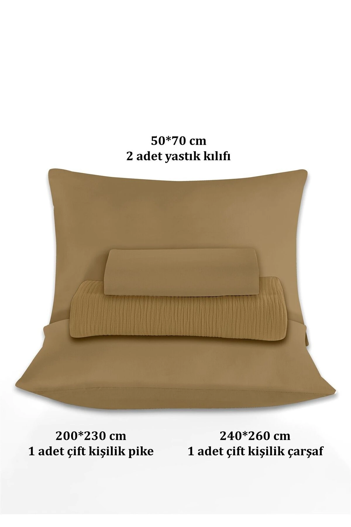 % 100 Doğal Pamuk 4 Kat Müslin Lüks Çift Kişilik Pike Takımı  200x230cm - Hardal