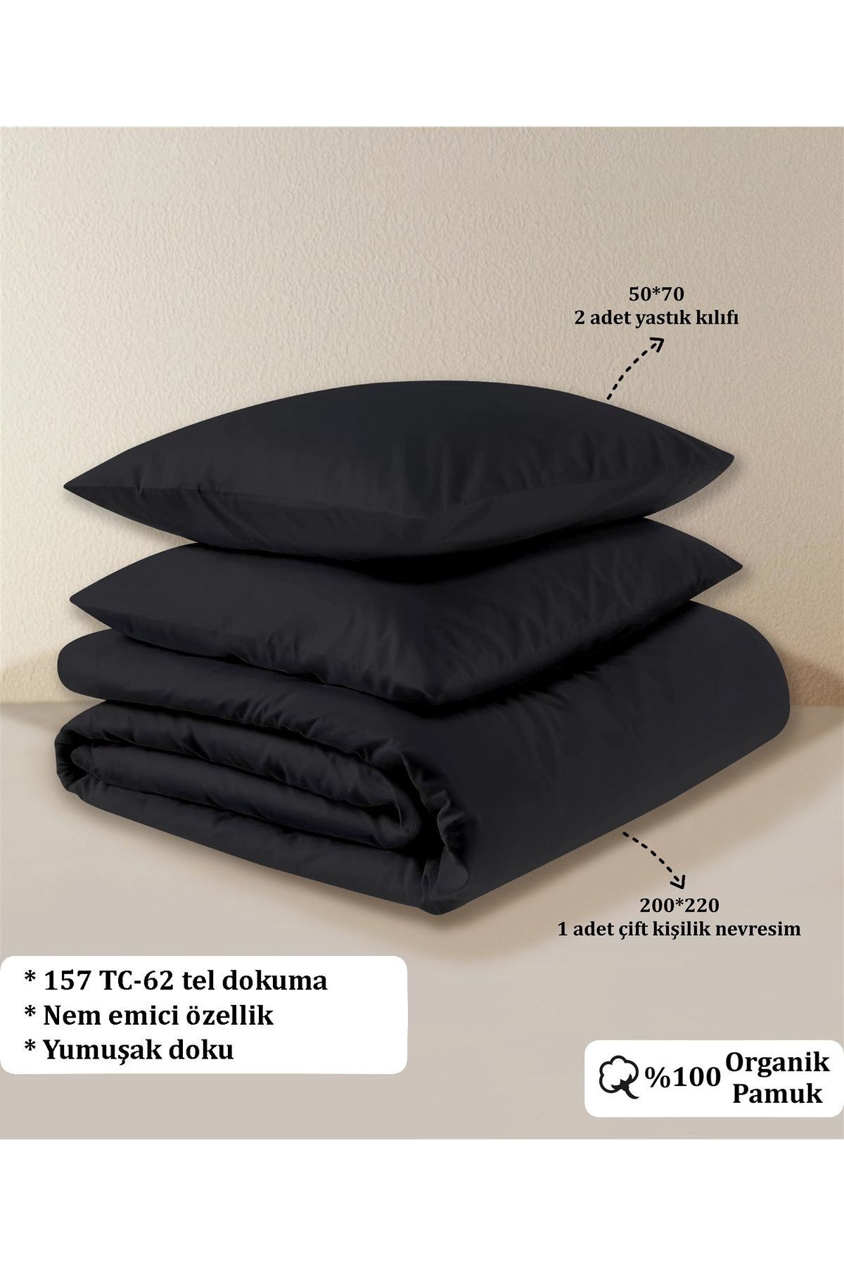Organik Pamuk Akfil Nevresim Seti Çift Kişilik 200x220 cm - Si̇yah