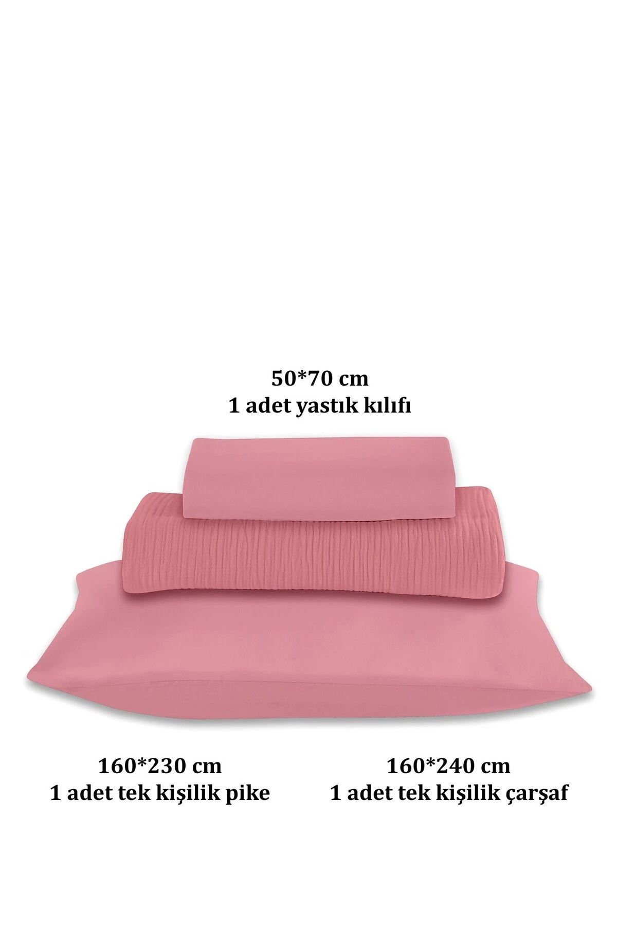 % 100 Doğal Pamuk 4 Kat Müslin Lüks Tek Kişilik Pike Takımı 160x230cm - koyu pembe