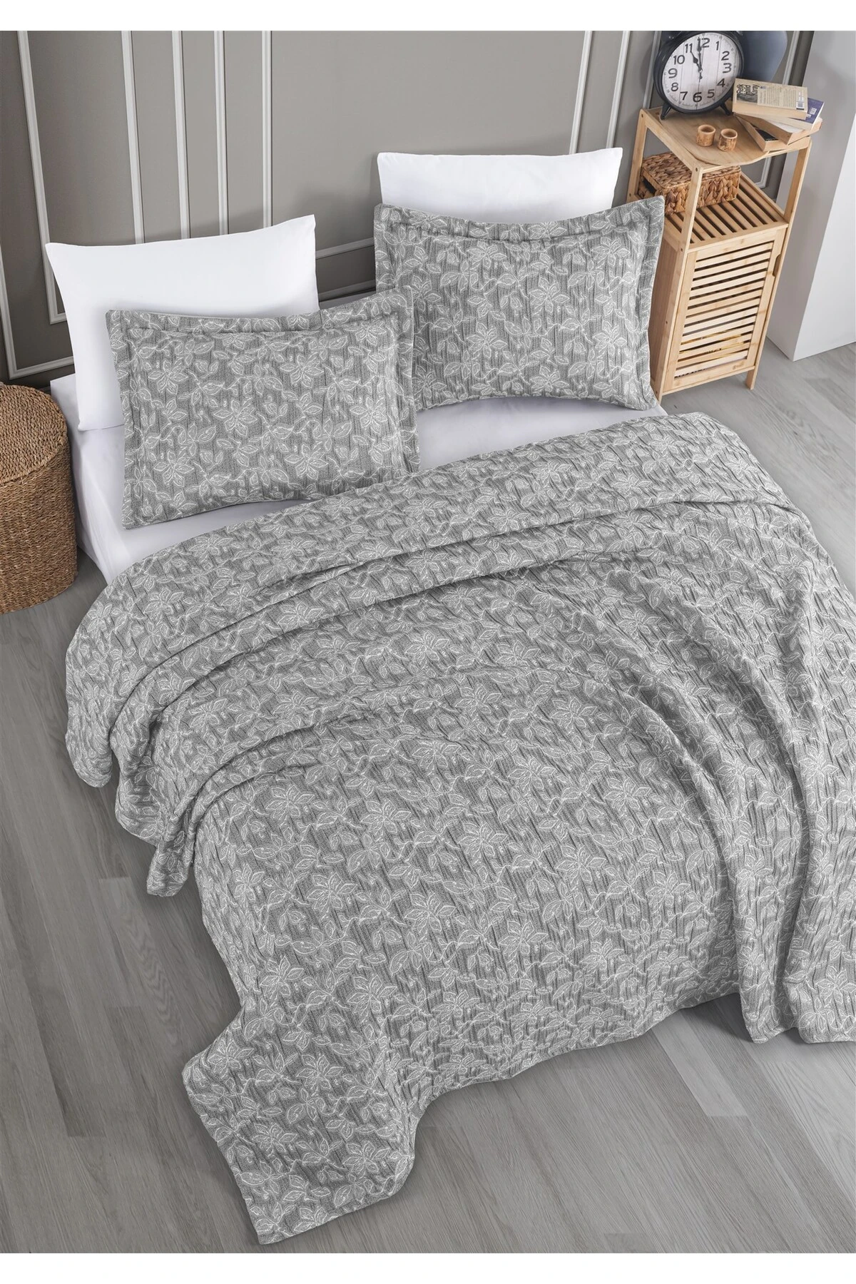 Dolgulu Jakarlı Yatak Örtüsü Seti Çift Kişilik Bej 230x240 cm - kael gri̇