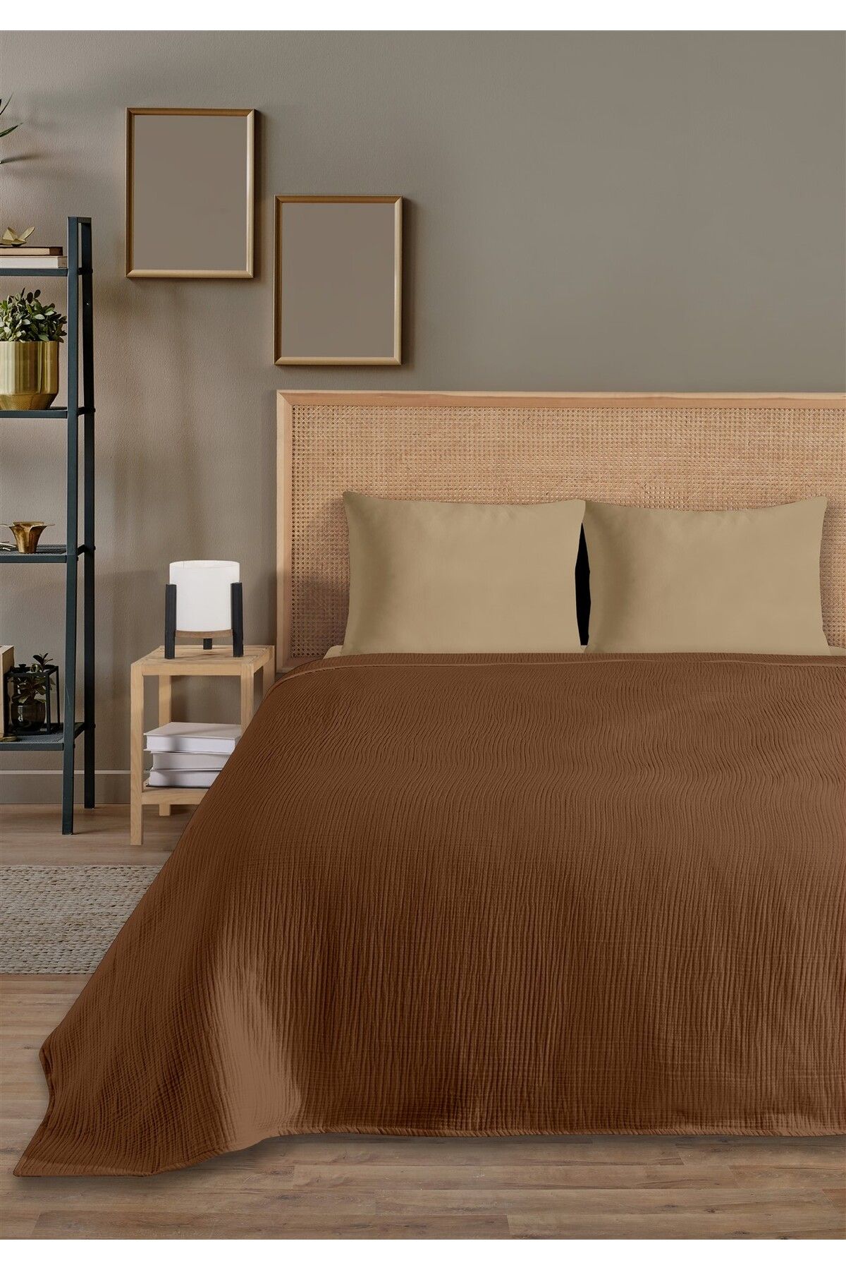 % 100 Doğal Pamuk 4 Kat Müslin Lüks Tek Kişilik Pike Takımı 160x230cm - Koyu Kahve