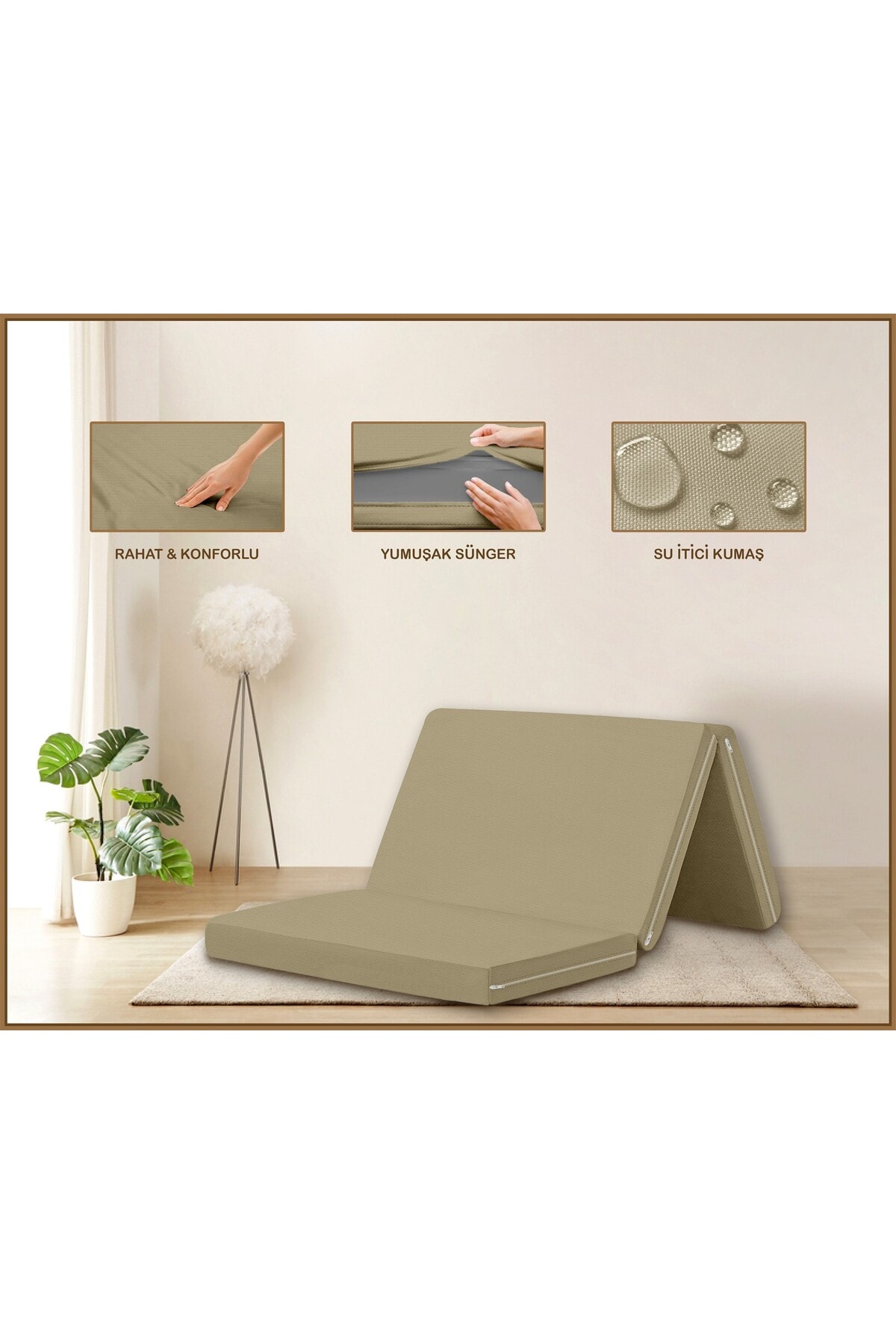 Canvas Açık Bej Fermuarlı Katlanabilir Yer Yatağı Yer Minderi 6cm