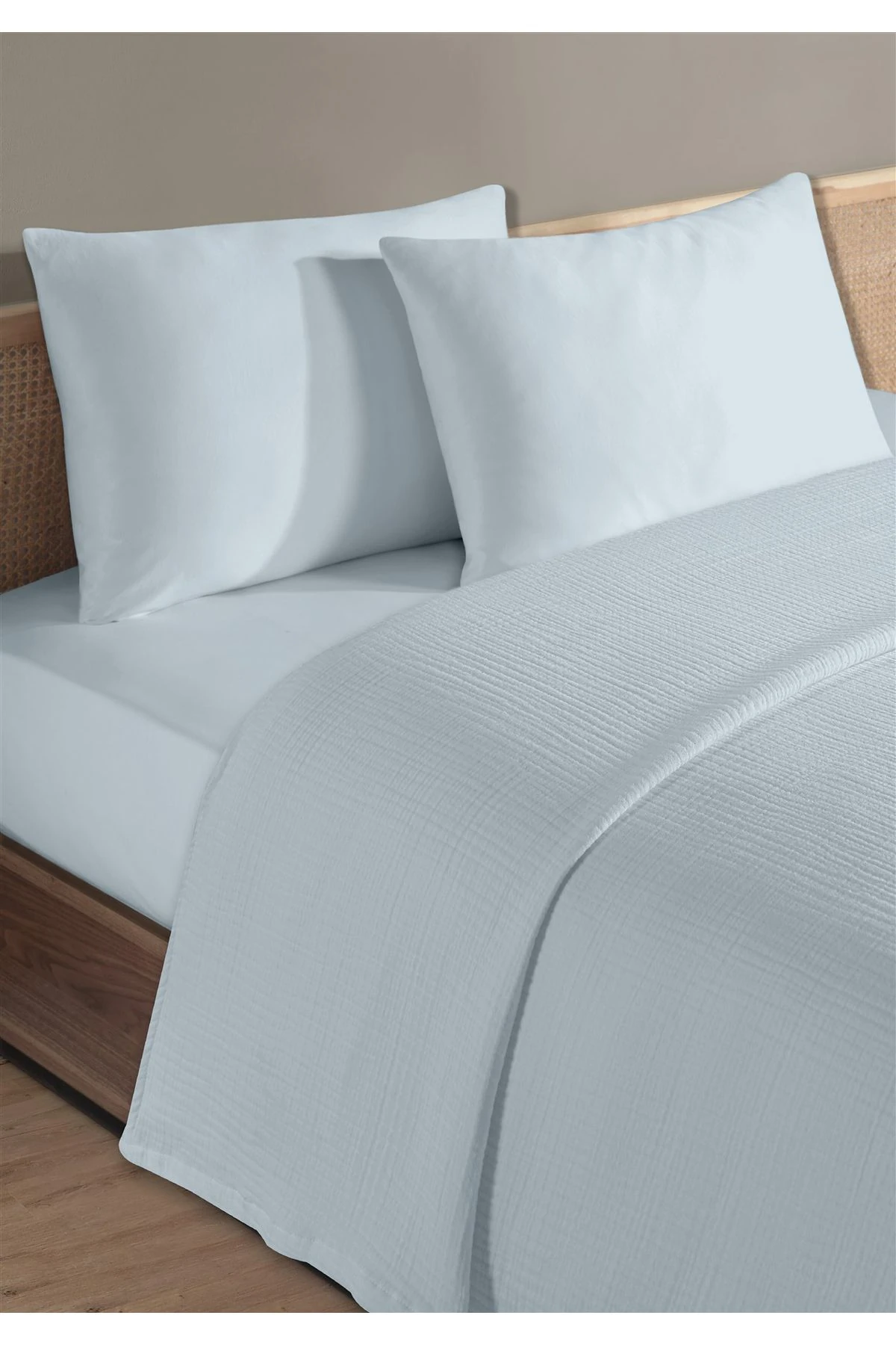 % 100 Doğal Pamuk 4 Kat Müslin Lüks Tek Kişilik Pike Takımı 160x230cm - Bebe mavi̇