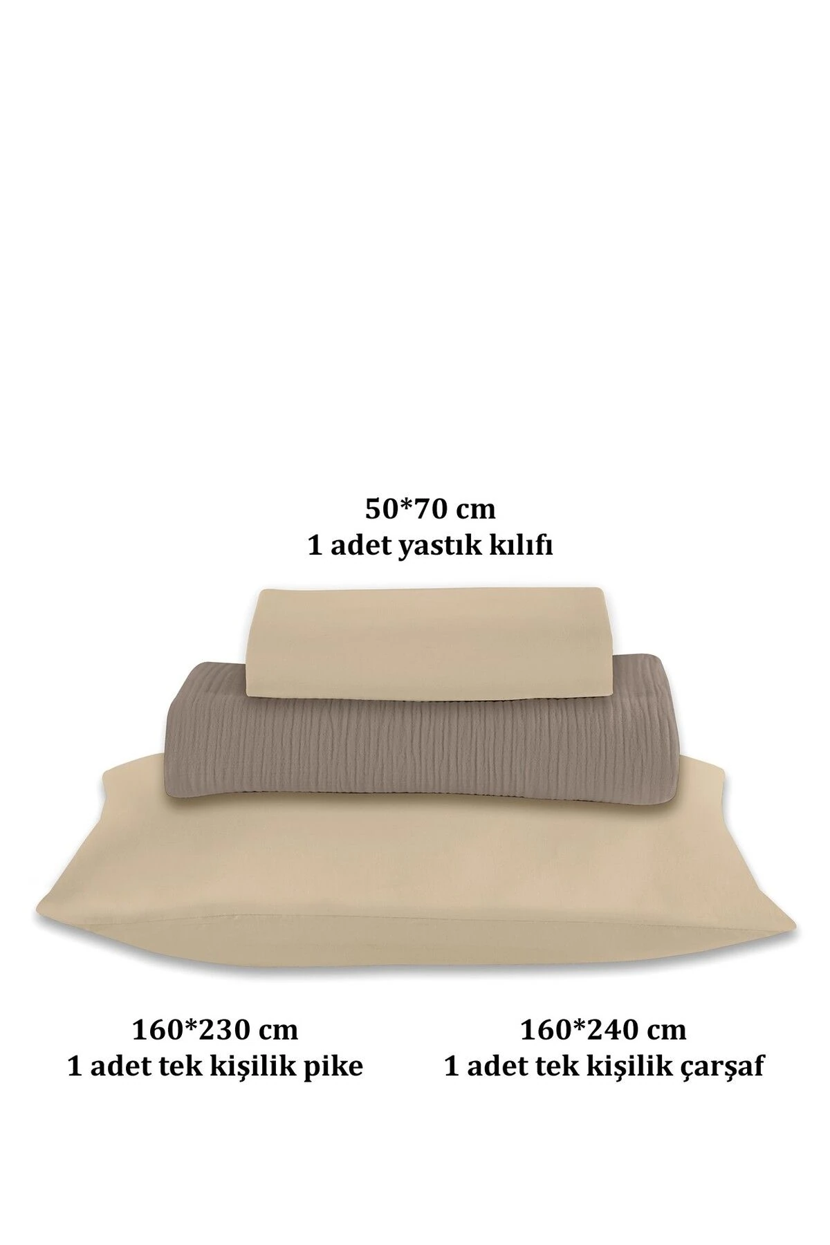 % 100 Doğal Pamuk 4 Kat Müslin Lüks Tek Kişilik Pike Takımı 160x230cm - koyu bej