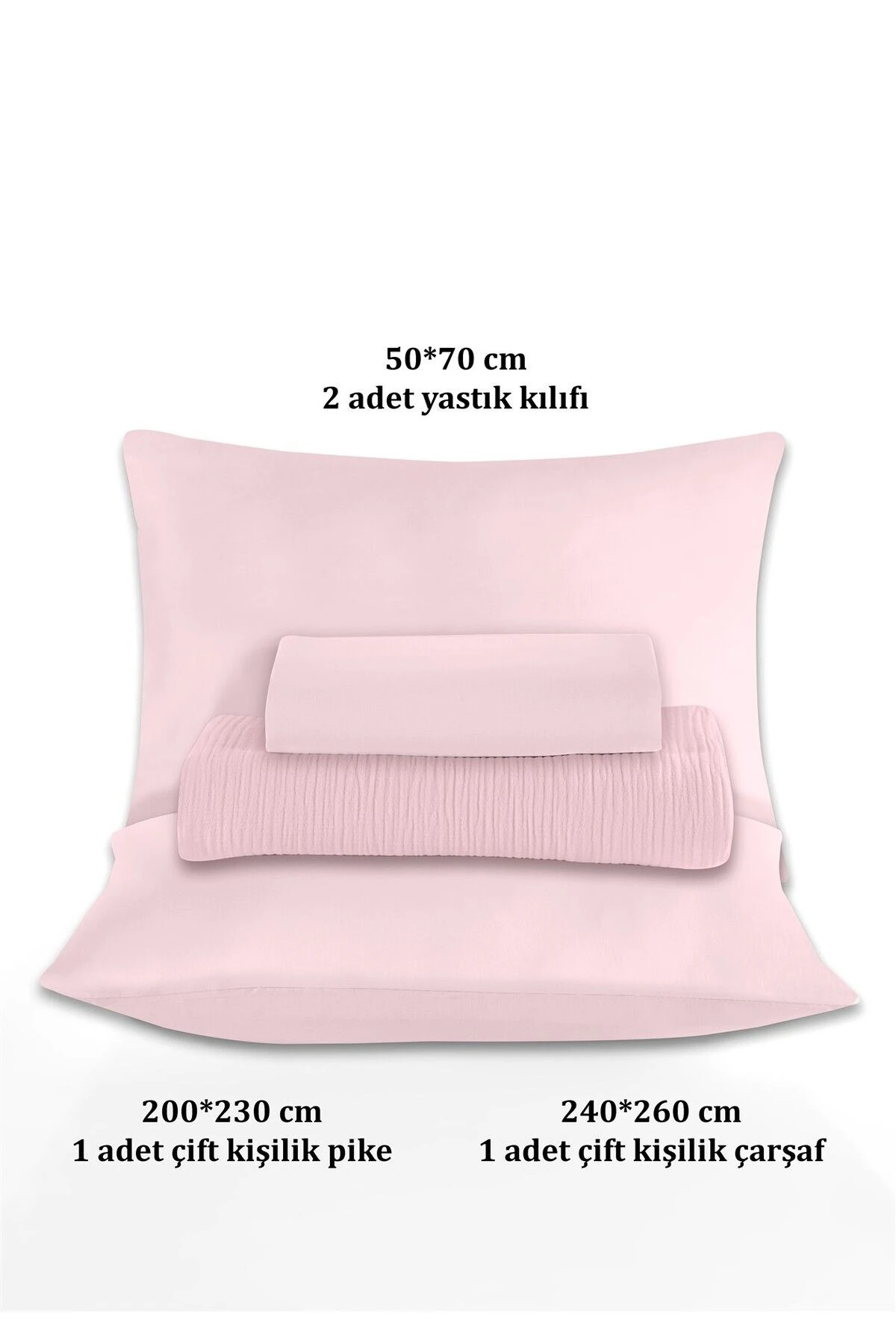 % 100 Doğal Pamuk 4 Kat Müslin Lüks Çift Kişilik Pike Takımı  200x230cm - Pembe