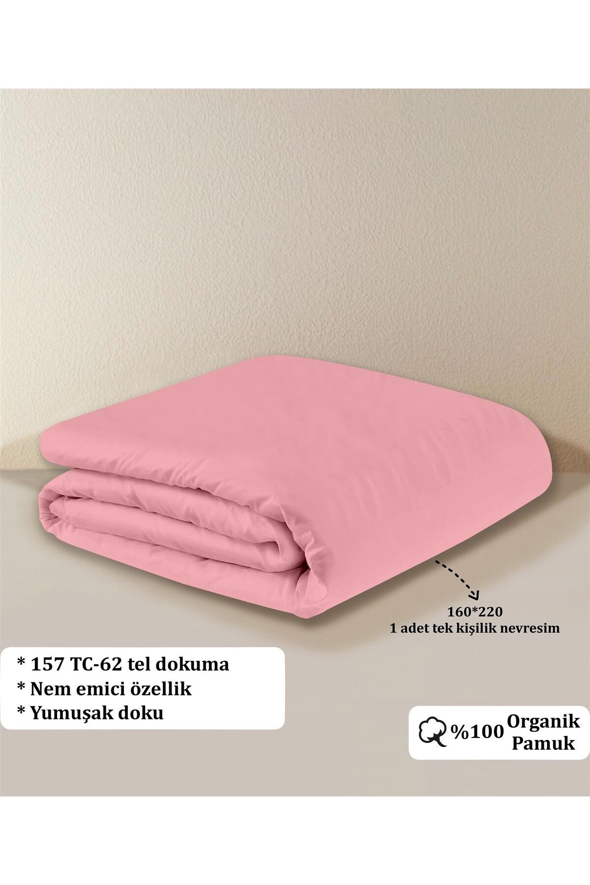 Organik Pamuk Akfil Nevresim Tek Kişilik 160x220 cm - Pembe