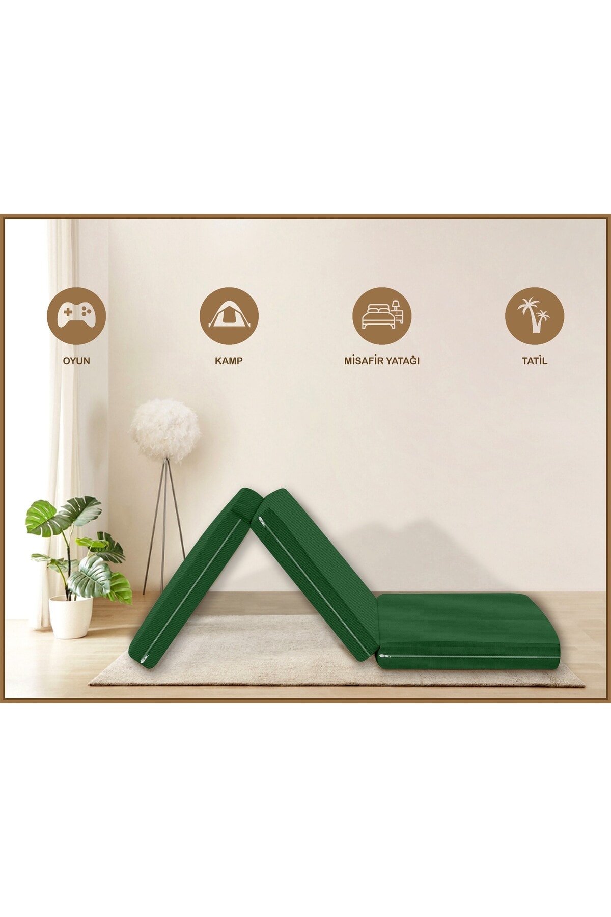 Canvas Açık Bej Fermuarlı Katlanabilir Yer Yatağı Yer Minderi 6cm