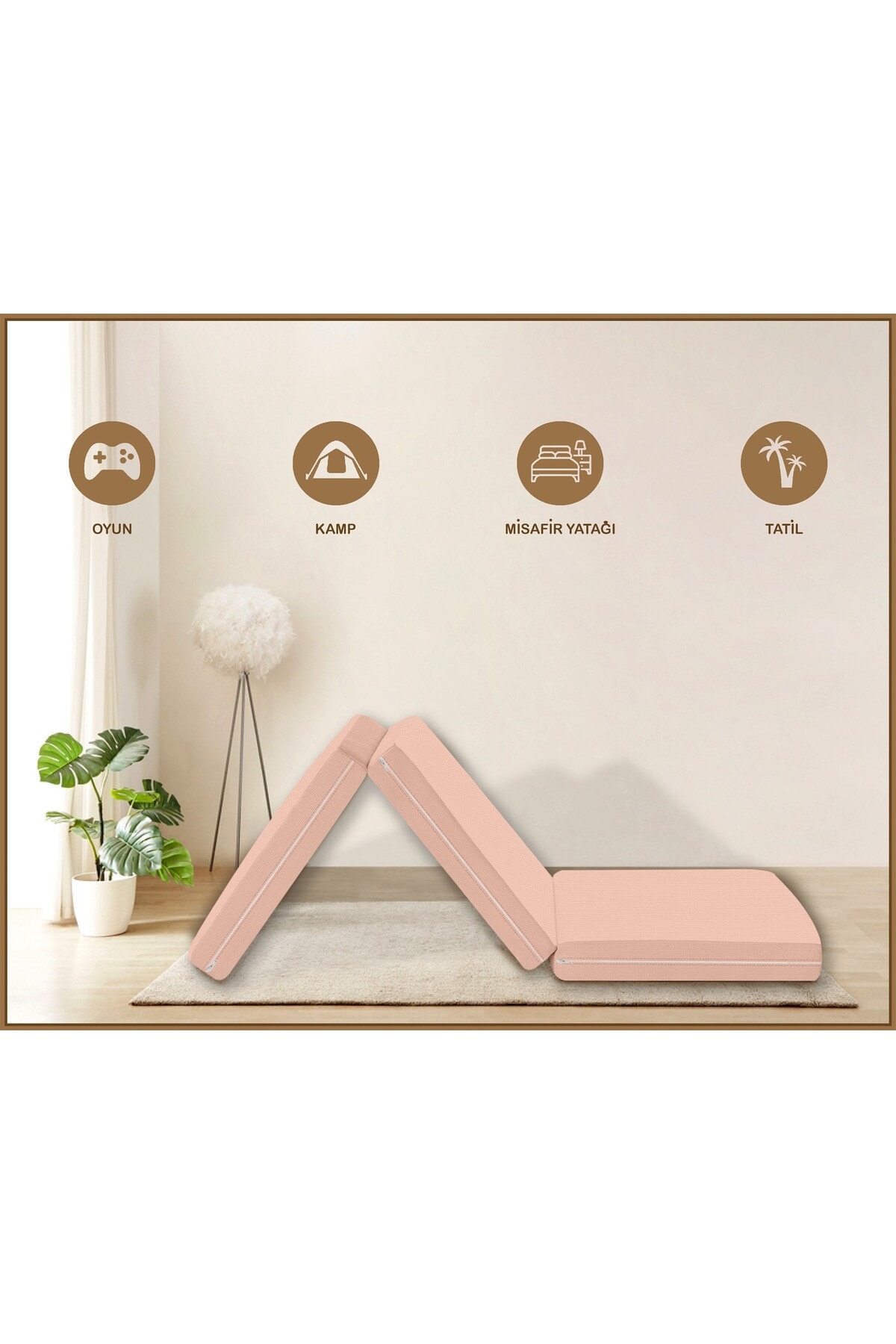Canvas Açık Bej Fermuarlı Katlanabilir Yer Yatağı Yer Minderi 6cm