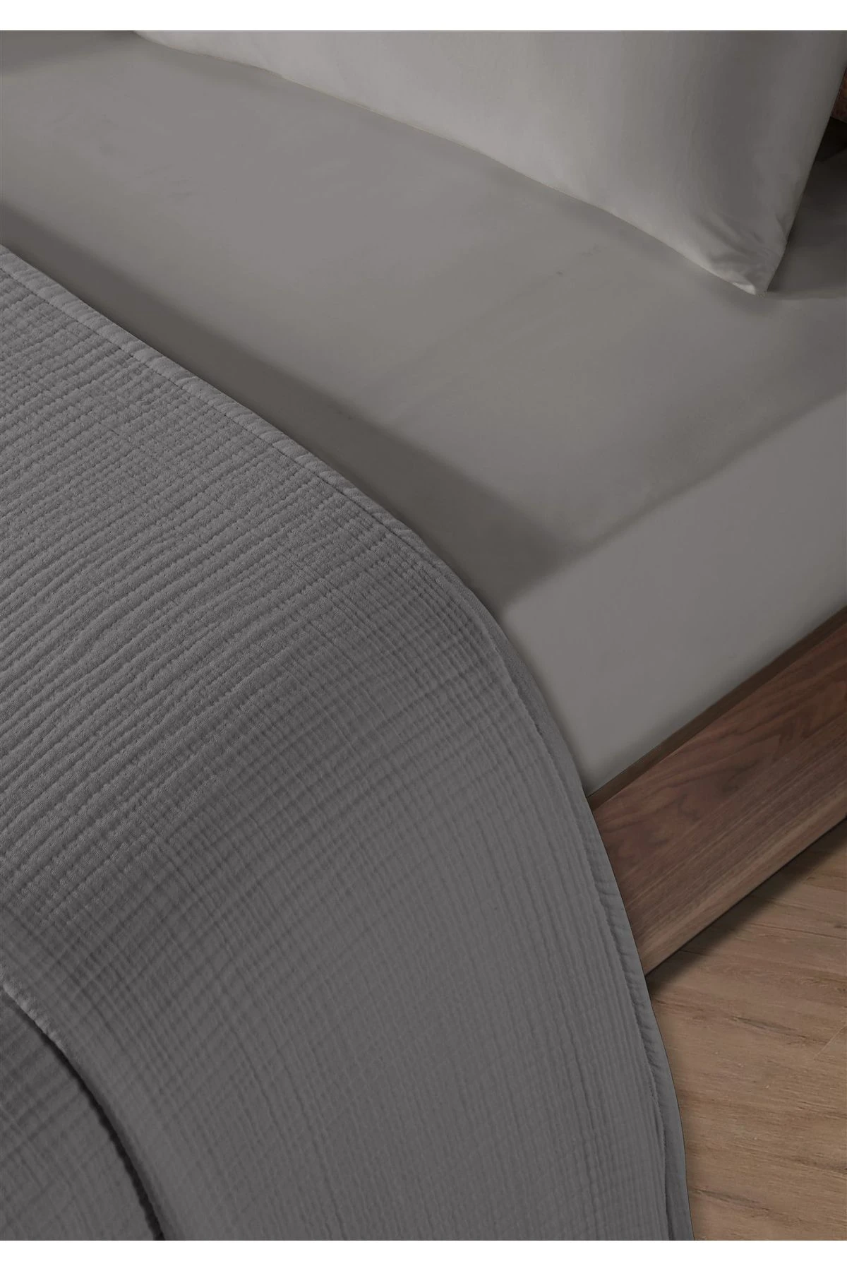 % 100 Doğal Pamuk 4 Kat Müslin Lüks Tek Kişilik Pike Takımı 160x230cm - Koyu Gri̇