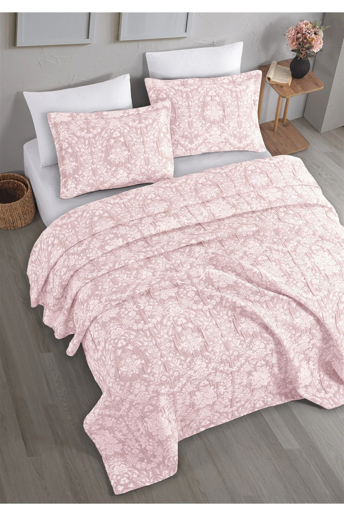 Dolgulu Jakarlı Yatak Örtüsü Seti Çift Kişilik Bej 230x240 cm - gala pudra