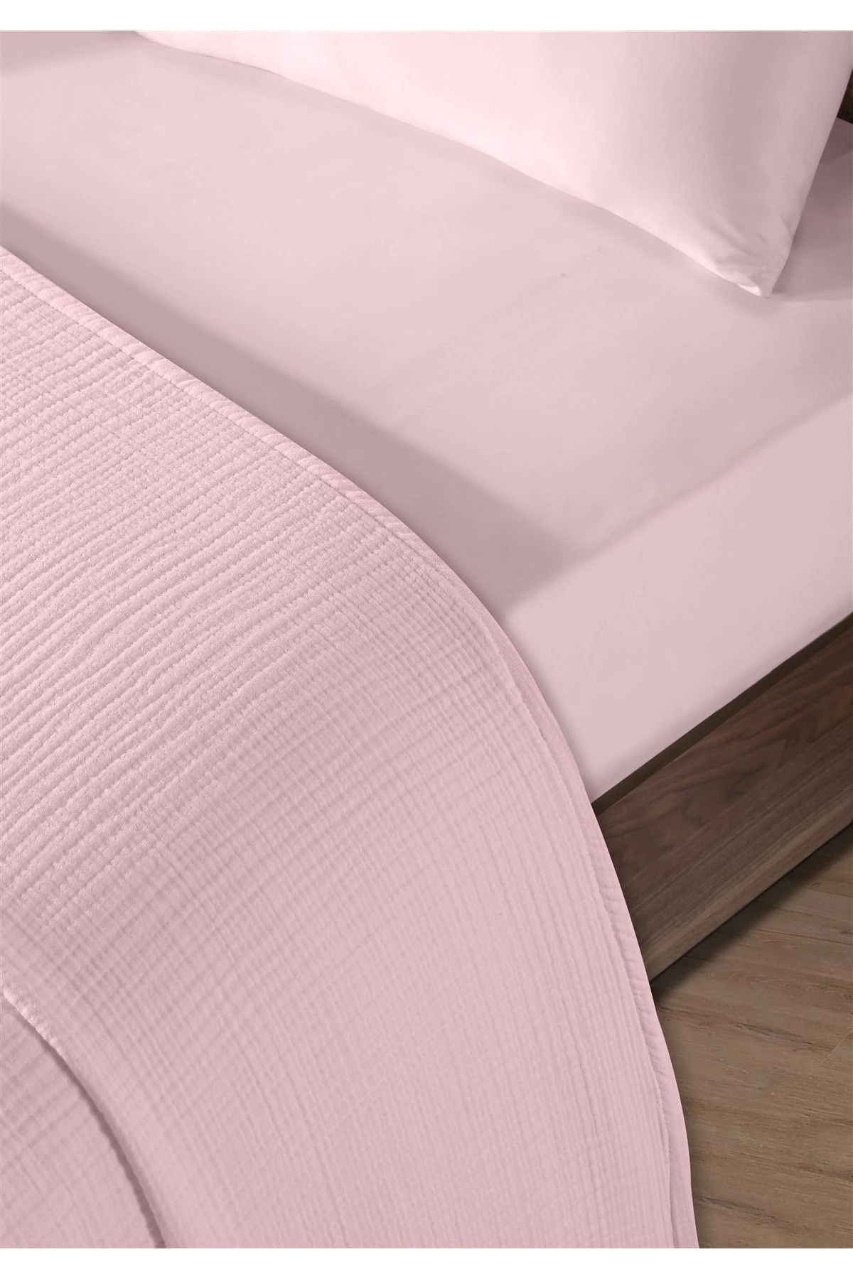 % 100 Doğal Pamuk 4 Kat Müslin Lüks Çift Kişilik Pike Takımı  200x230cm - Pembe
