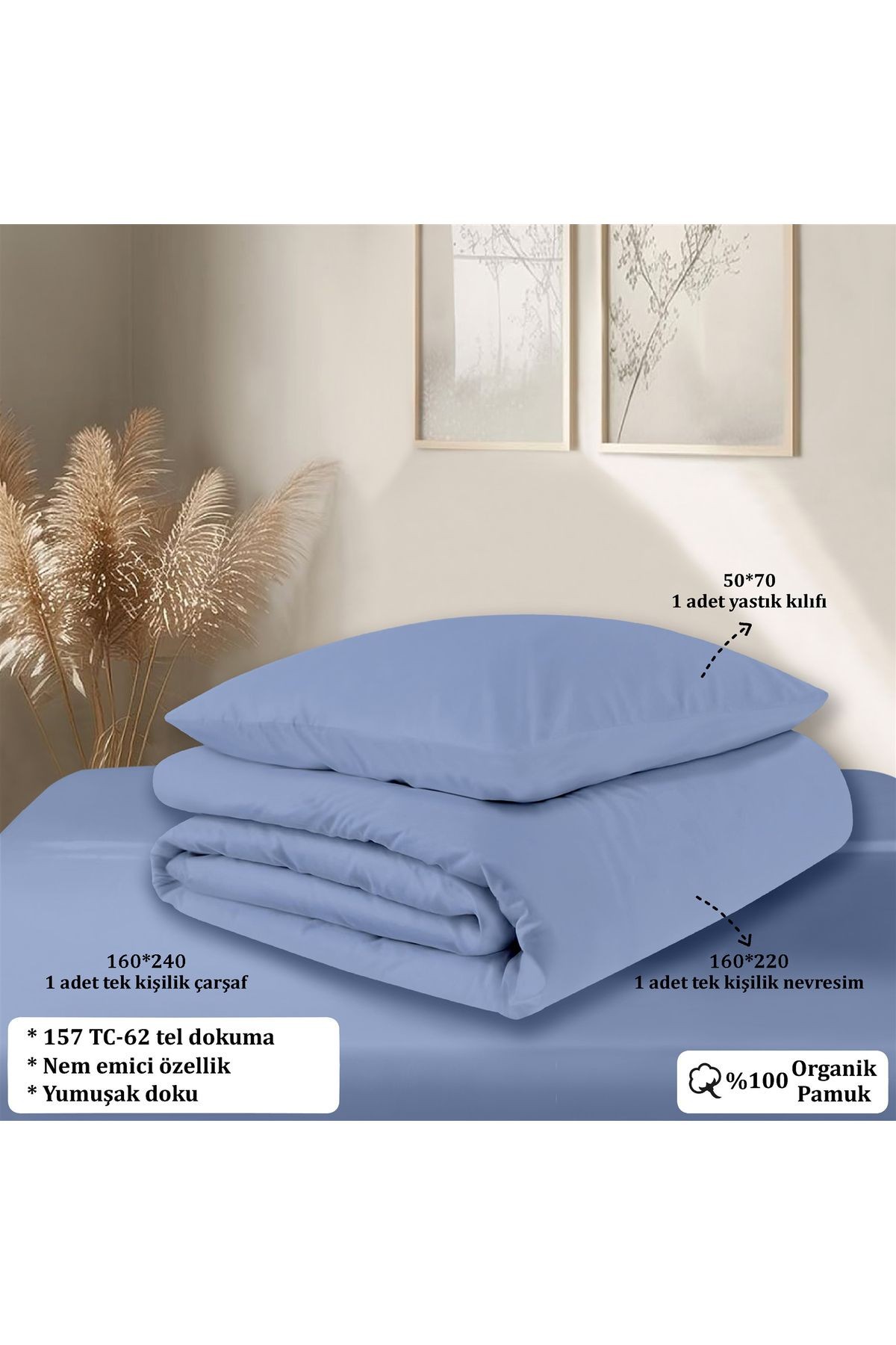 Organik Pamuk Akfil Nevresim Takımı  Tek Kişilik 160x220 cm - Mavi̇