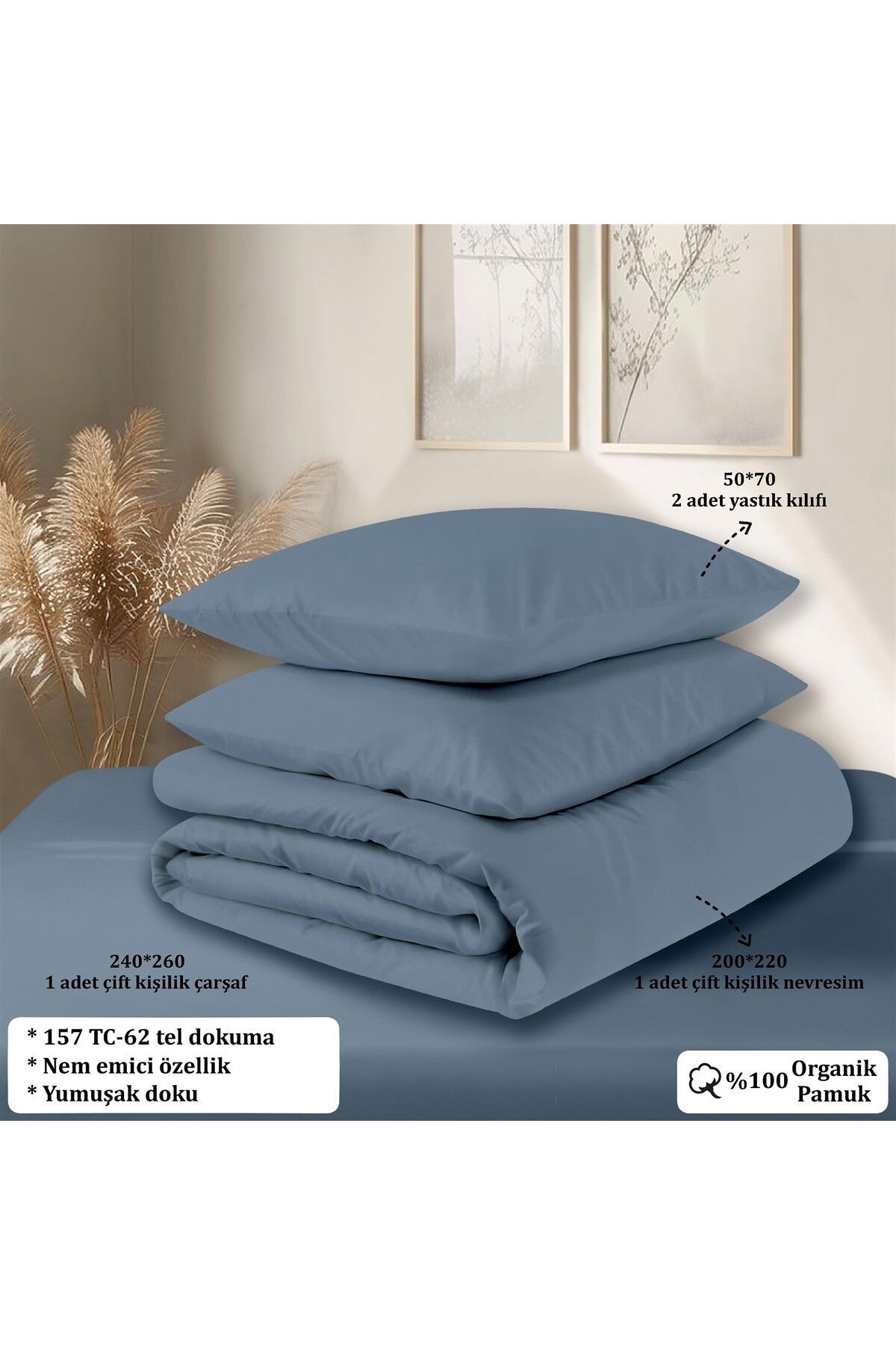 Organik Pamuk Akfil Nevresim Takımı Çift Kişilik 200x220 cm - İndi̇go