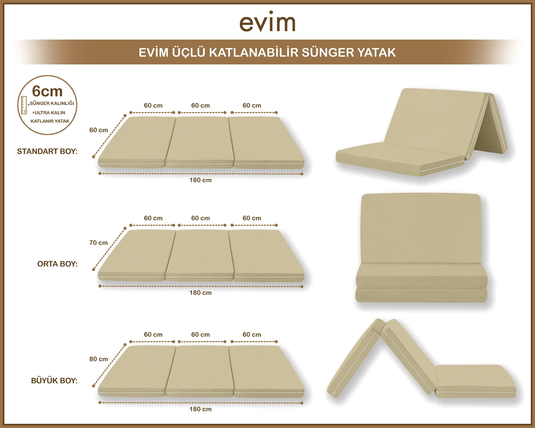 Canvas  Fermuarlı Katlanabilir Yer Yatağı Yer Minderi 60x180x6cm - Açik bej