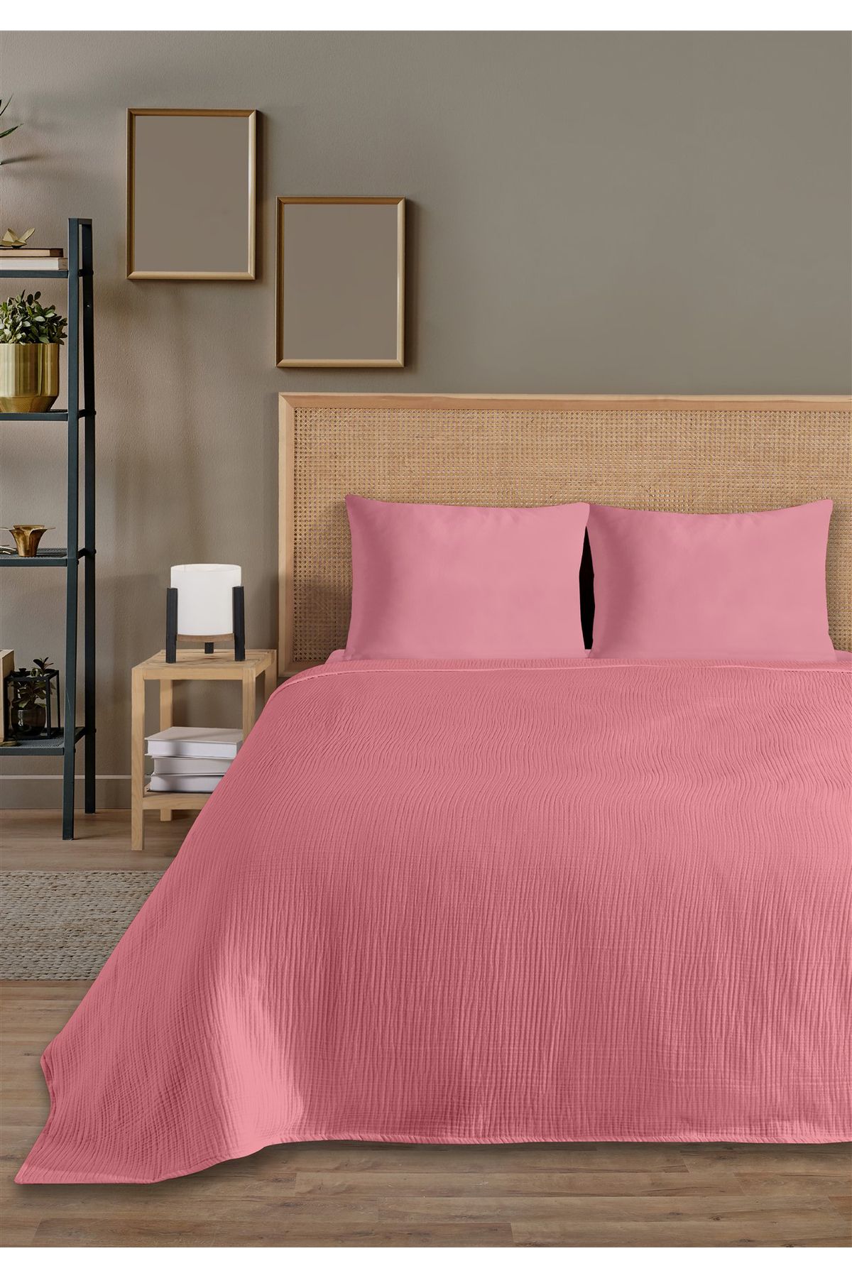 % 100 Doğal Pamuk 4 Kat Müslin Lüks Çift Kişilik Pike Takımı  200x230cm - koyu pembe