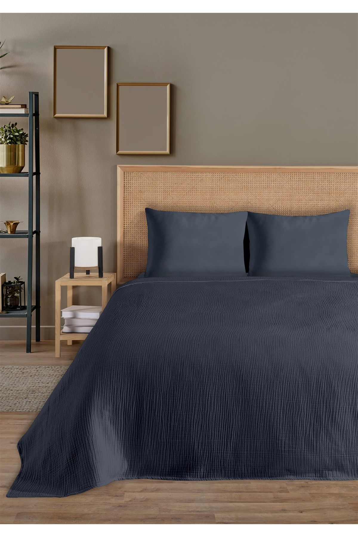 % 100 Doğal Pamuk 4 Kat Müslin Lüks Çift Kişilik Pike Takımı  200x230cm - Laci̇vert