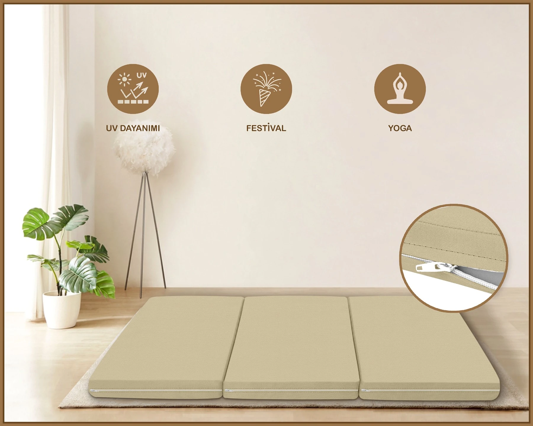 Canvas  Fermuarlı Katlanabilir Yer Yatağı Yer Minderi 60x180x6cm - Açik bej