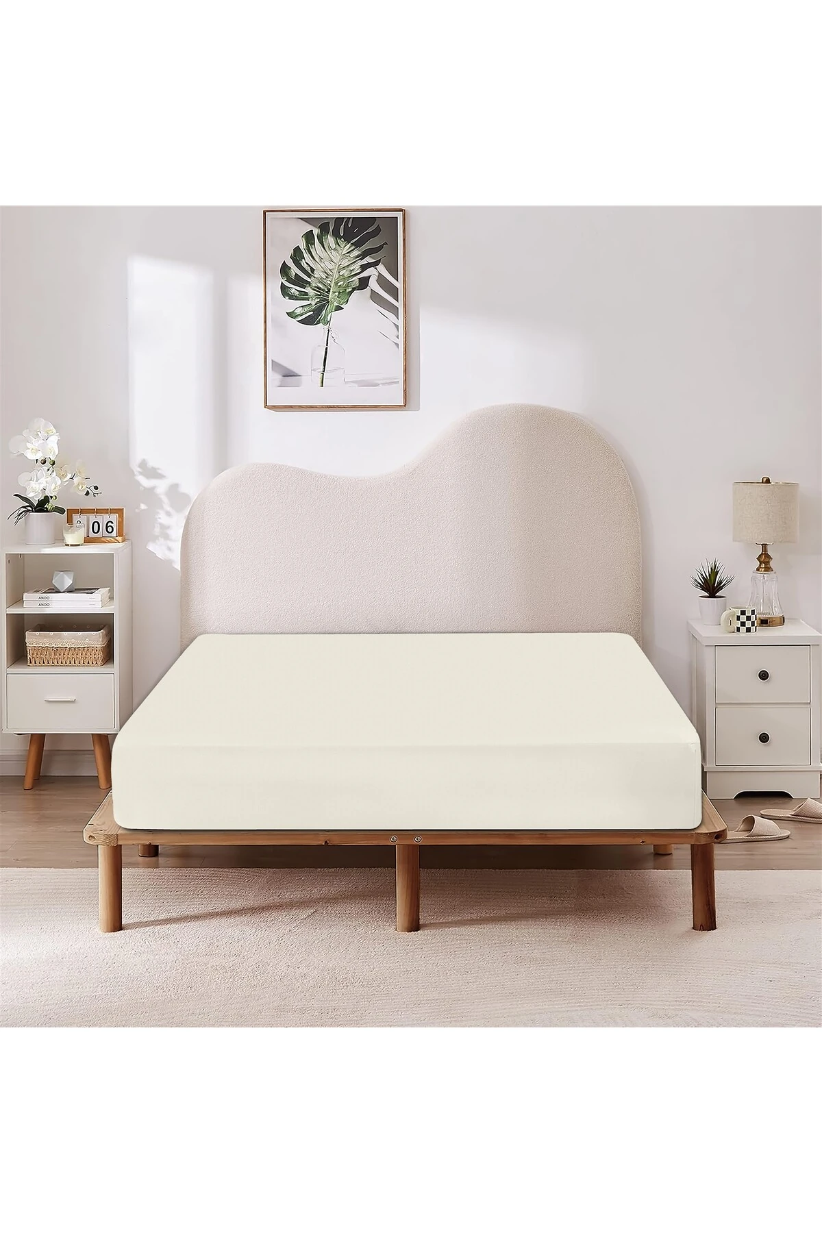 %100 Pamuk Penye Lastikli Çarşaf - Krem